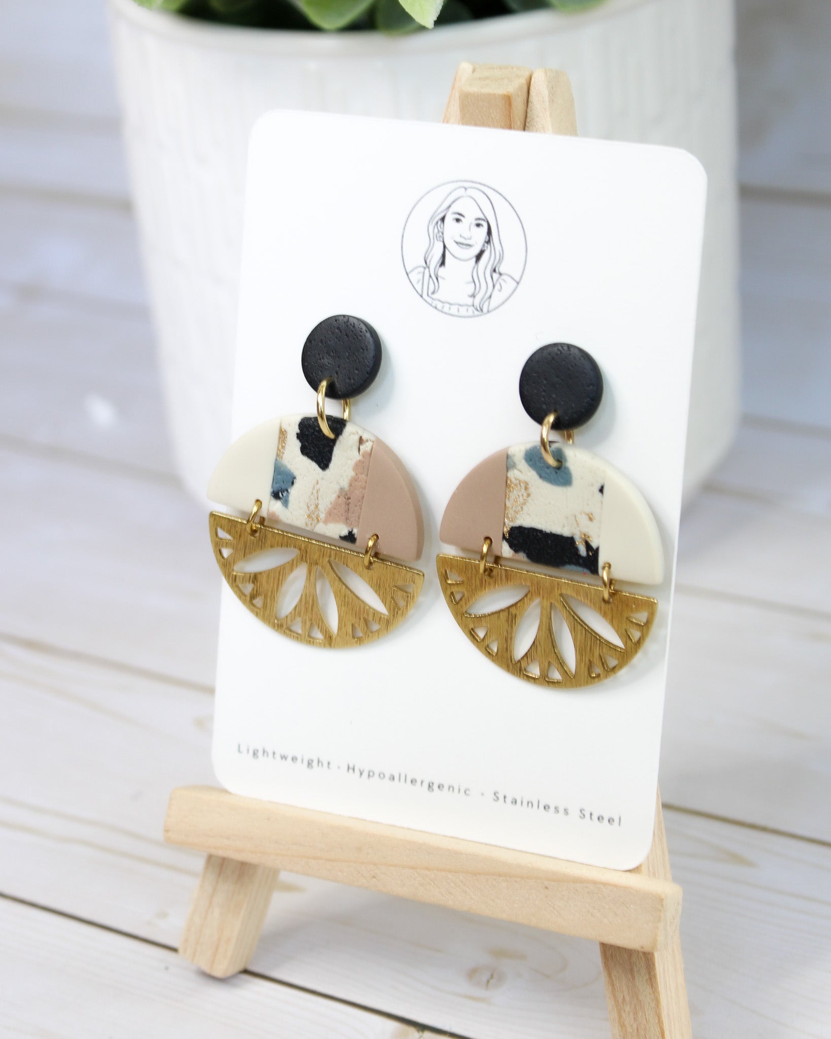 TL13 Terrazzo Marble Neutral Lightweight Hypoallergenic Earrings | Modern Blush, black & Ivory Gold Dangle Earrings | Gift for Her | Boutique