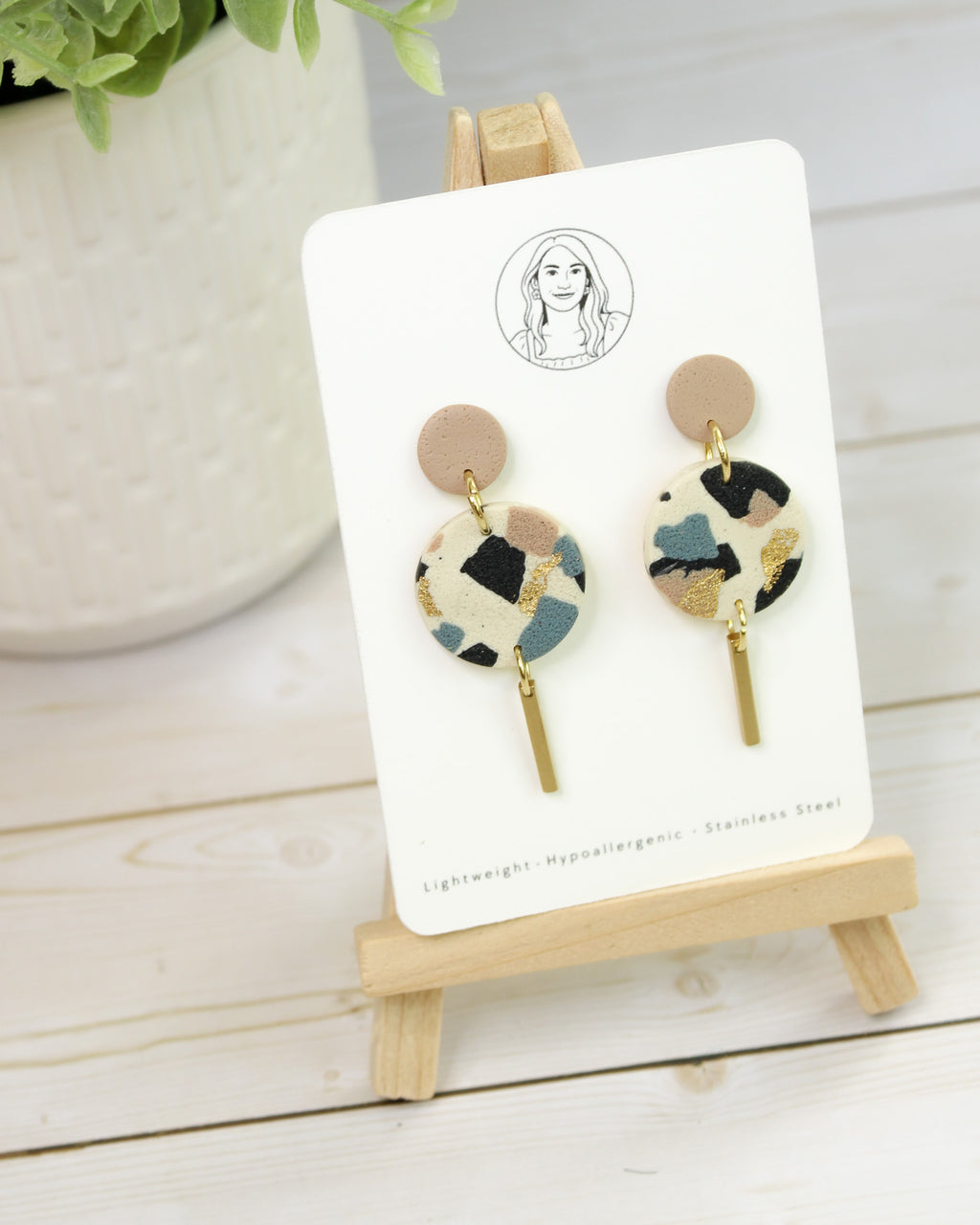 TL1 Terrazzo Neutral Lightweight Hypoallergenic Earrings | Modern Blush, black & Ivory Circle Dangle Earrings with Gold Bar | Gift for Her | Boutique