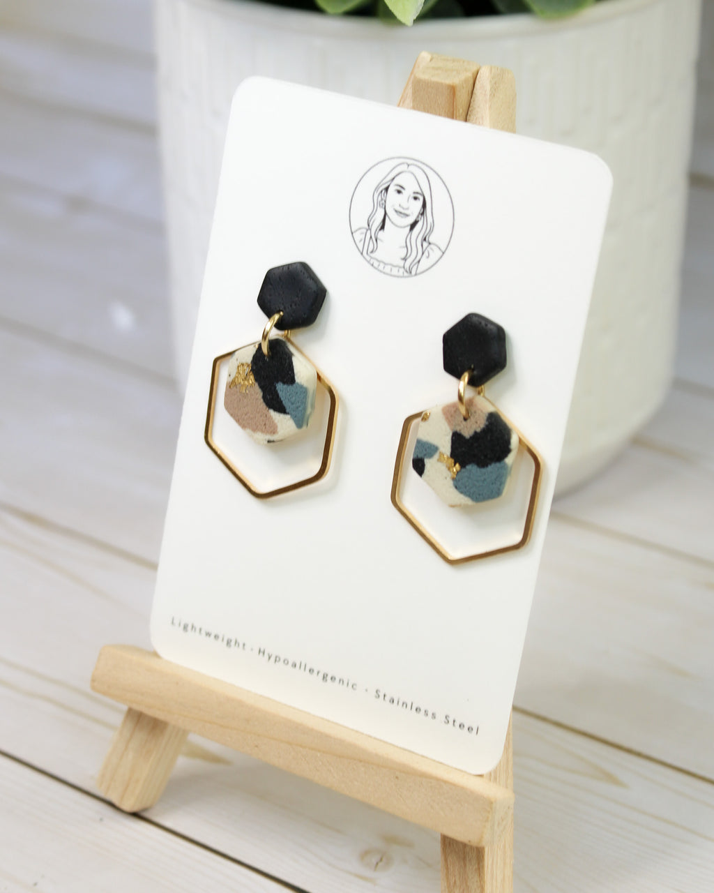 TL14 Terrazzo Marble Neutral Lightweight Hypoallergenic Earrings | Modern Blush, black & Ivory Hexagon Gold Dangle Earrings | Gift for Her | Boutique