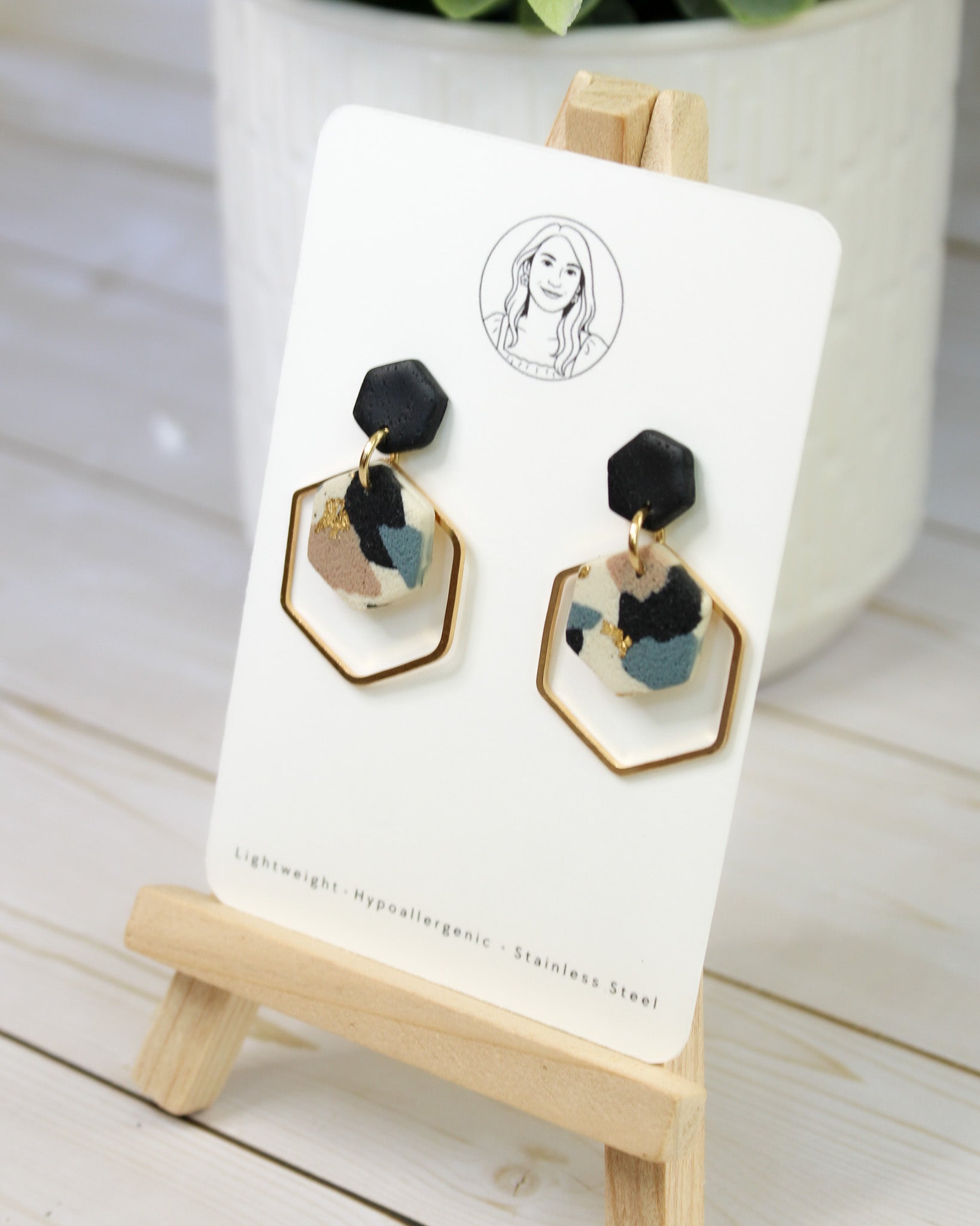 TL14 Terrazzo Marble Neutral Lightweight Hypoallergenic Earrings | Modern Blush, black & Ivory Hexagon Gold Dangle Earrings | Gift for Her | Boutique