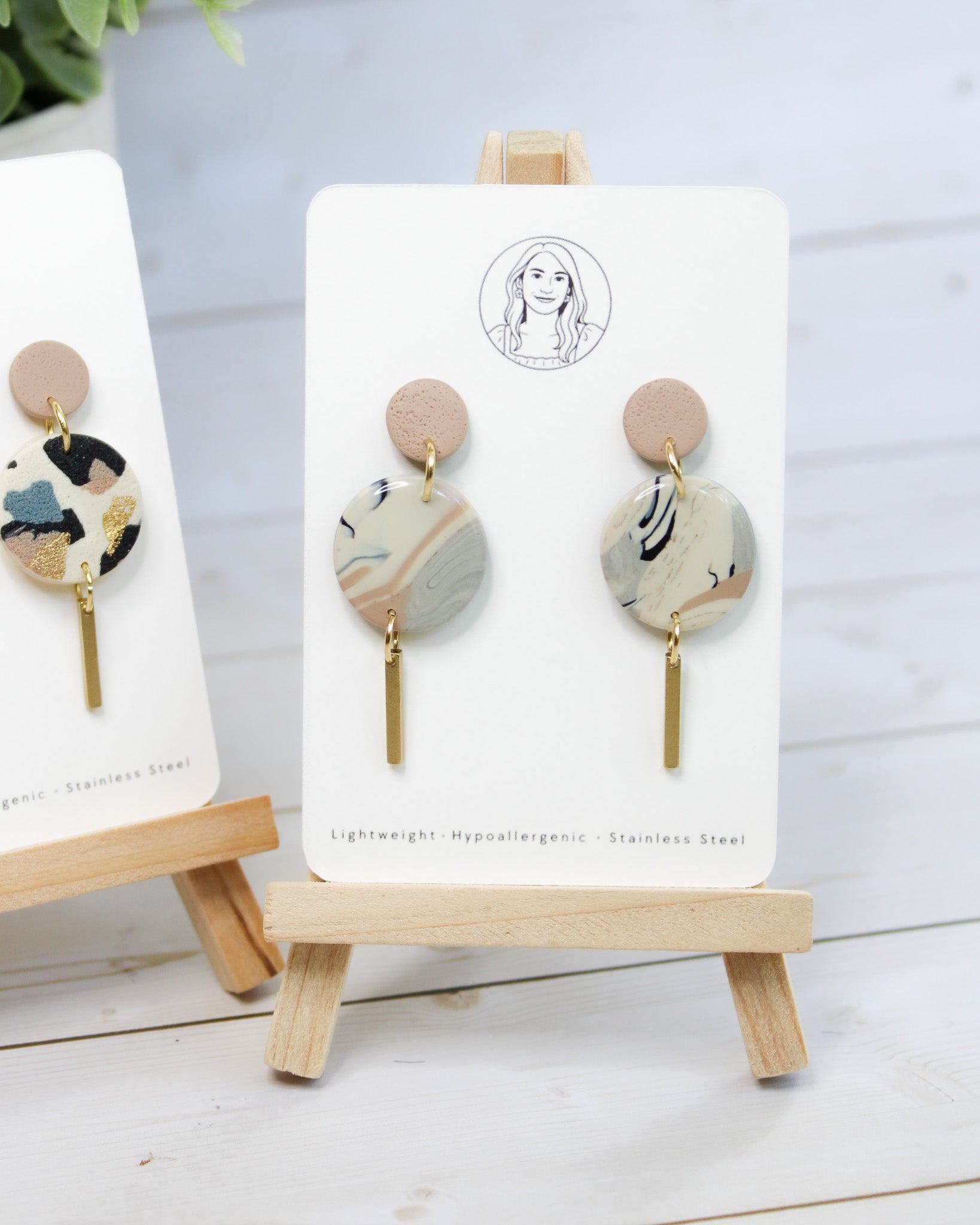 TL1 Terrazzo Neutral Lightweight Hypoallergenic Earrings | Modern Blush, black & Ivory Circle Dangle Earrings with Gold Bar | Gift for Her | Boutique