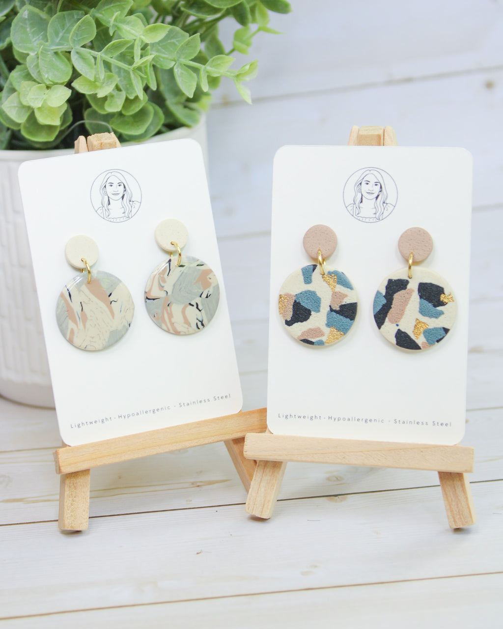 TL7 Terrazzo Marble Neutral Lightweight Hypoallergenic Earrings | Modern Blush, black & Ivory Gold Dangle Earrings | Gift for Her | Boutique