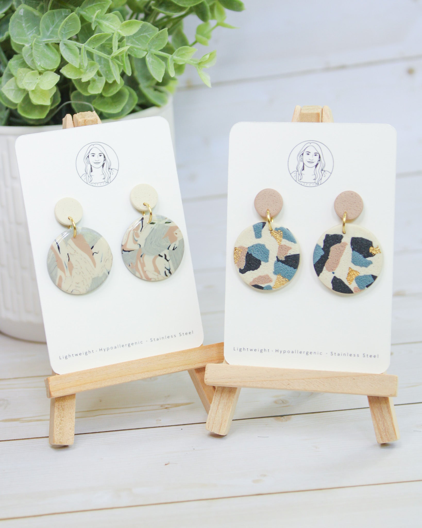 TL7 Terrazzo Marble Neutral Lightweight Hypoallergenic Earrings | Modern Blush, black & Ivory Gold Dangle Earrings | Gift for Her | Boutique