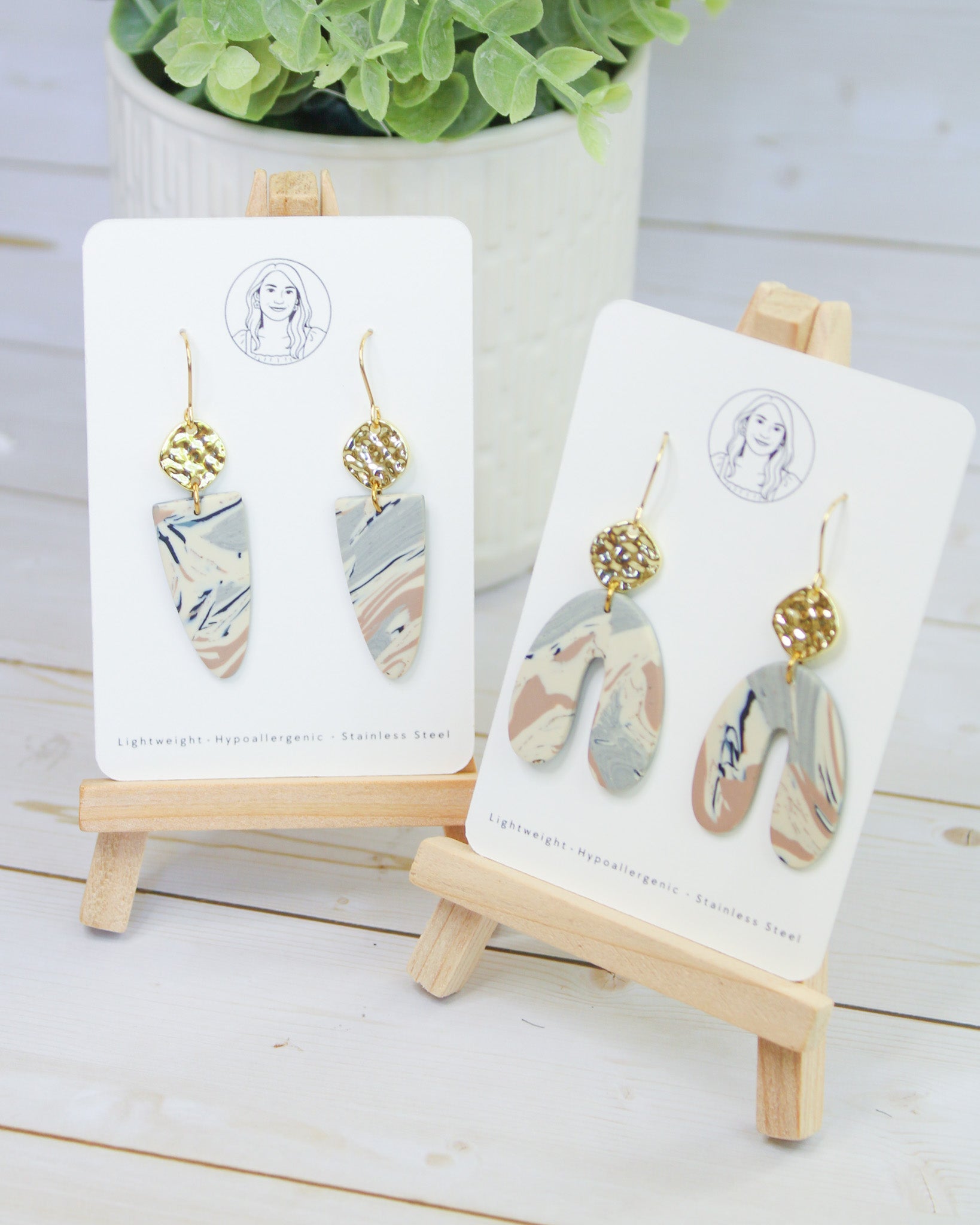 TL11 Terrazzo Marble Neutral Lightweight Hypoallergenic Earrings, Modern Blush, black & Ivory Gold Dangle Earrings | Gift for Her | Boutique
