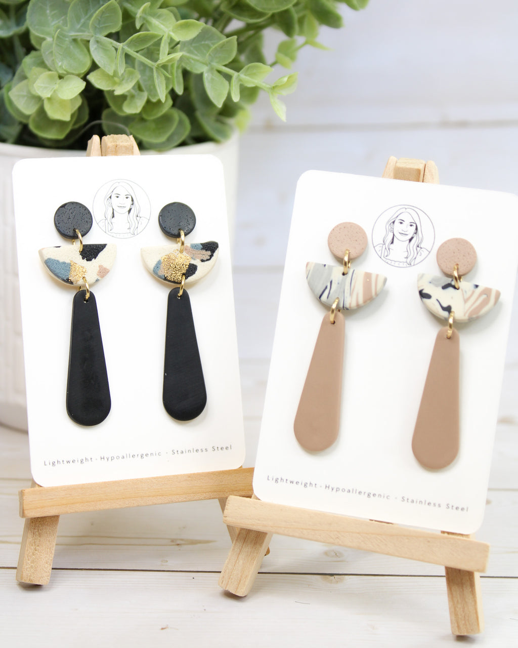 TL8 Terrazzo Marble Neutral Lightweight Hypoallergenic Earrings | Modern Blush, black & Ivory Gold Dangle Earrings | Gift for Her | Boutique