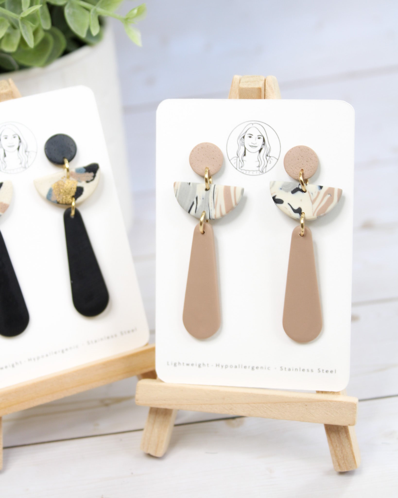 TL8 Terrazzo Marble Neutral Lightweight Hypoallergenic Earrings | Modern Blush, black & Ivory Gold Dangle Earrings | Gift for Her | Boutique