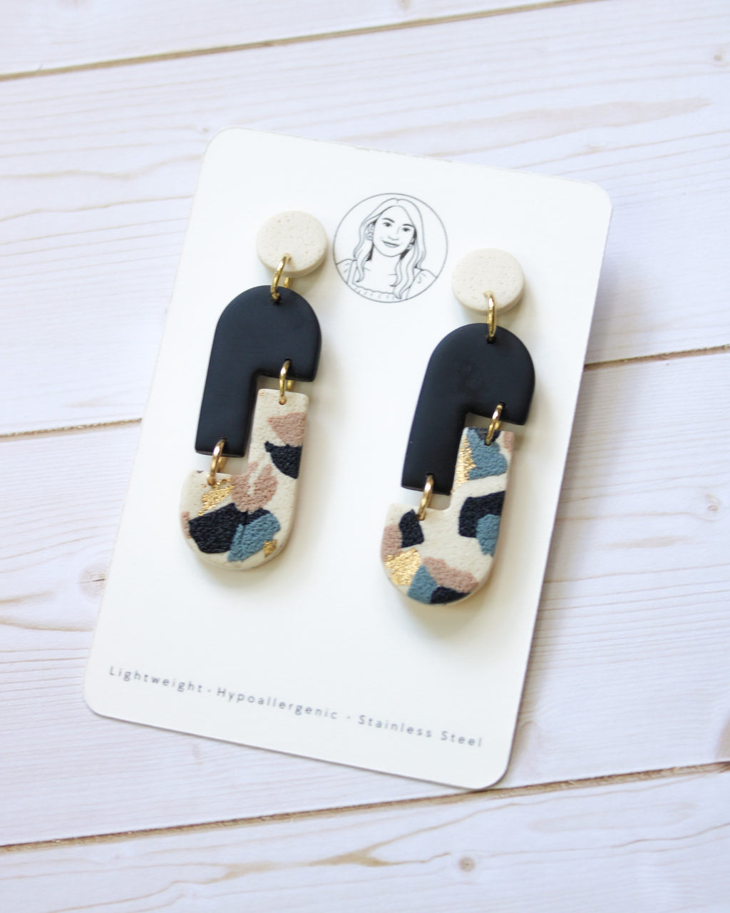 TL12 Terrazzo Marble Neutral Lightweight Hypoallergenic Earrings | Modern Blush, black & Ivory Gold Dangle Earrings | Gift for Her | Boutique