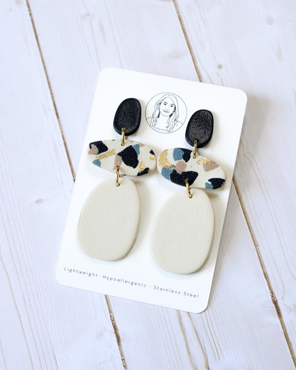 TL5 Terrazzo Neutral Lightweight Hypoallergenic Earrings | Modern Blush, black &amp; Ivory Gold Dangle Earrings | Gift for Her | Boutique