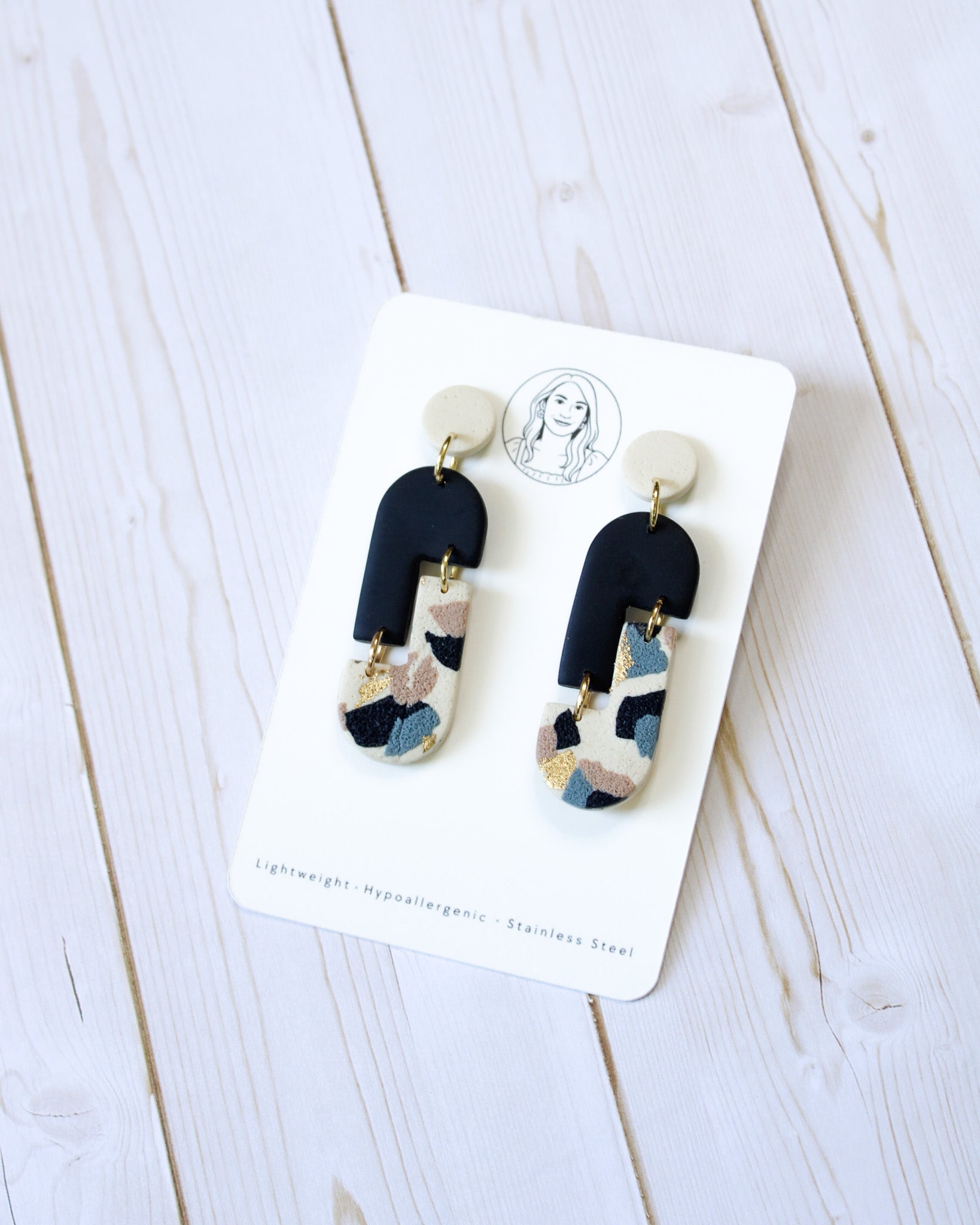 TL12 Terrazzo Marble Neutral Lightweight Hypoallergenic Earrings | Modern Blush, black & Ivory Gold Dangle Earrings | Gift for Her | Boutique