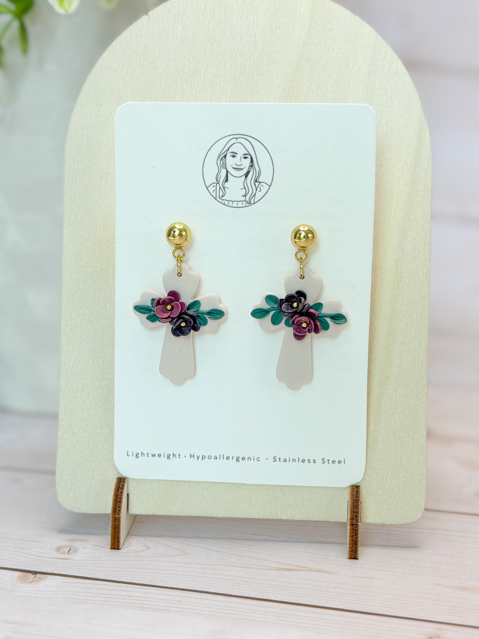 RG8 Faith Inspired Cross Floral & Gold Earrings | Christian Gift | Handmade Statement Jewelry