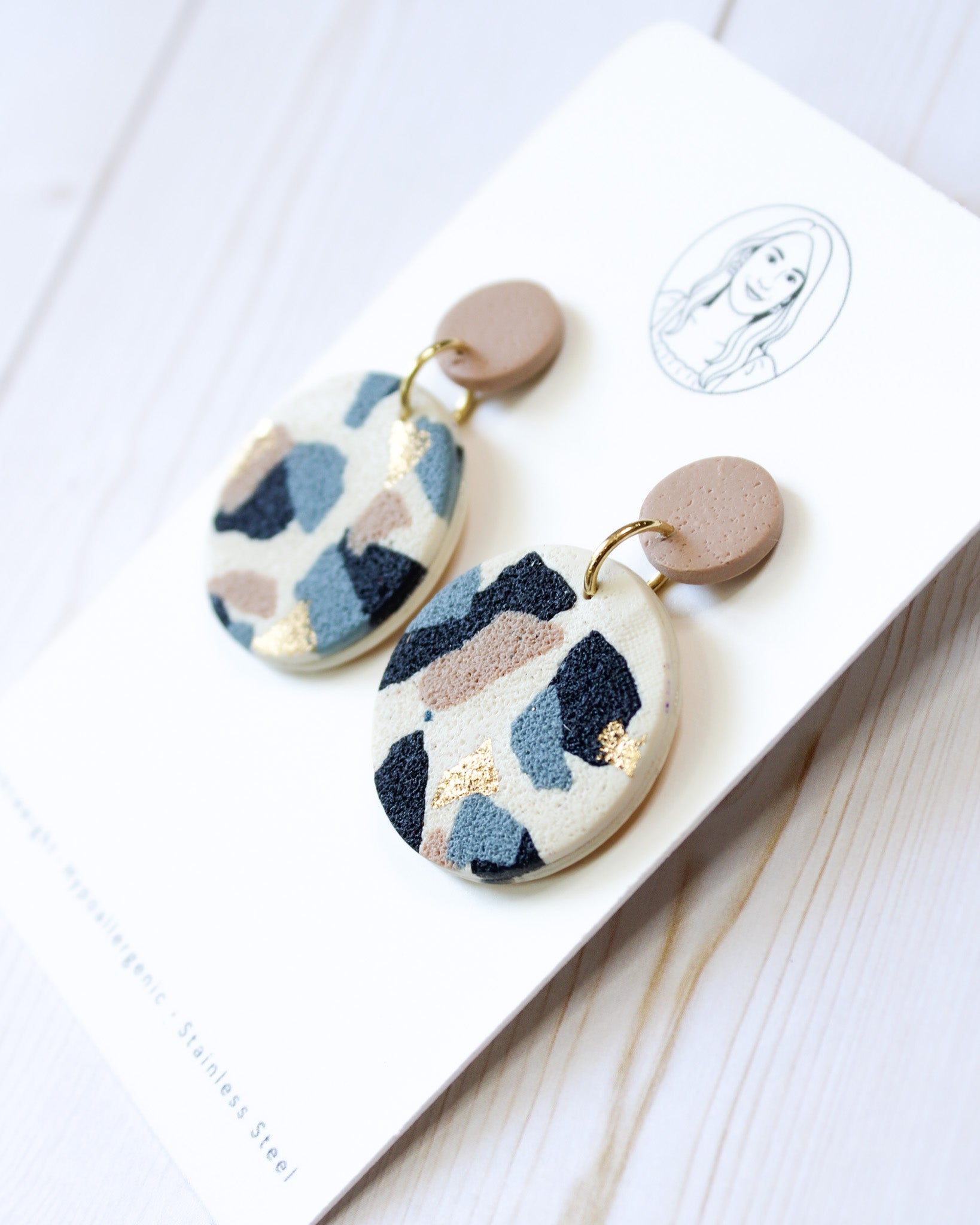 TL7 Terrazzo Marble Neutral Lightweight Hypoallergenic Earrings | Modern Blush, black & Ivory Gold Dangle Earrings | Gift for Her | Boutique