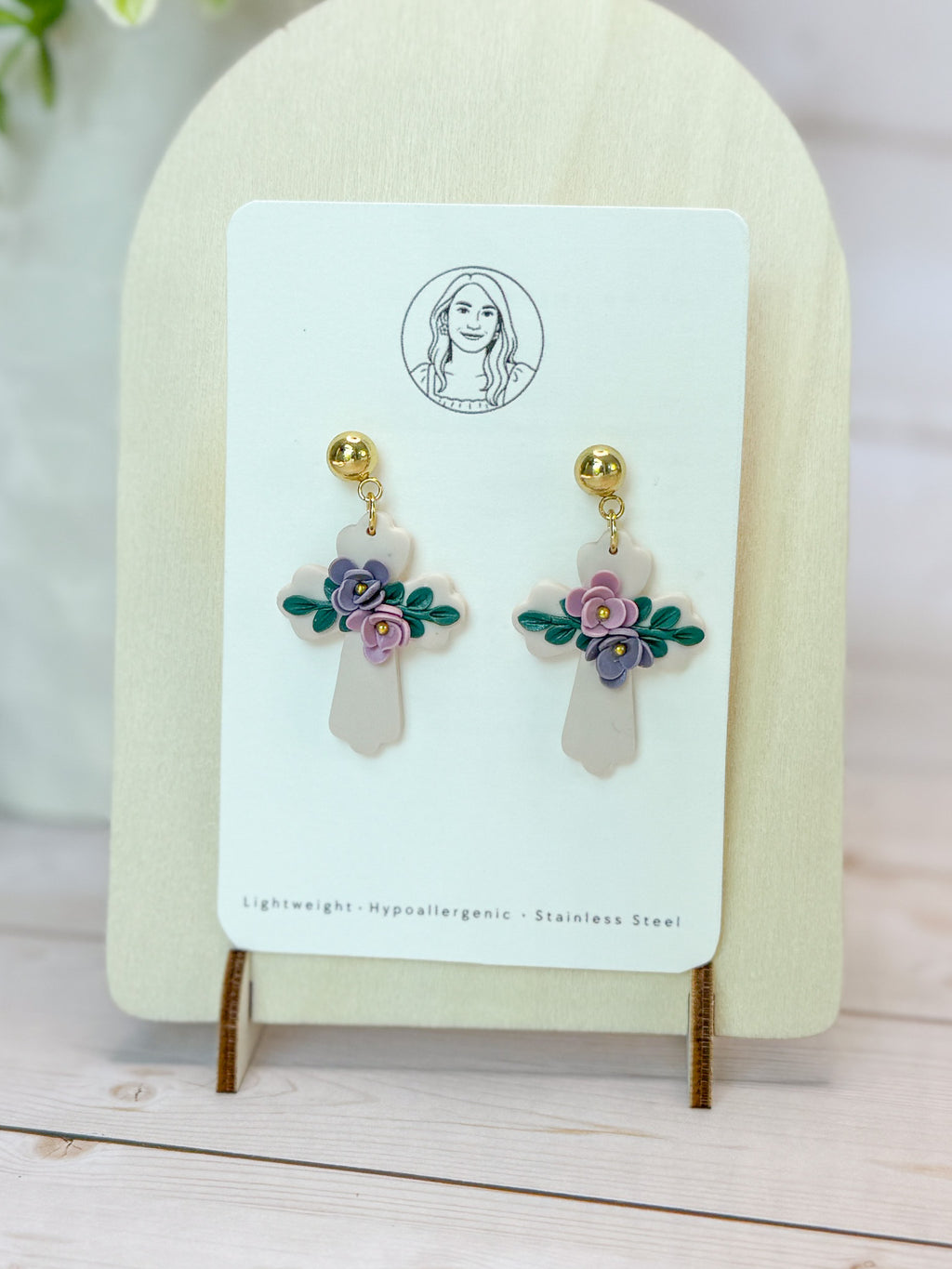 RG8 Faith Inspired Cross Floral & Gold Earrings | Christian Gift | Handmade Statement Jewelry