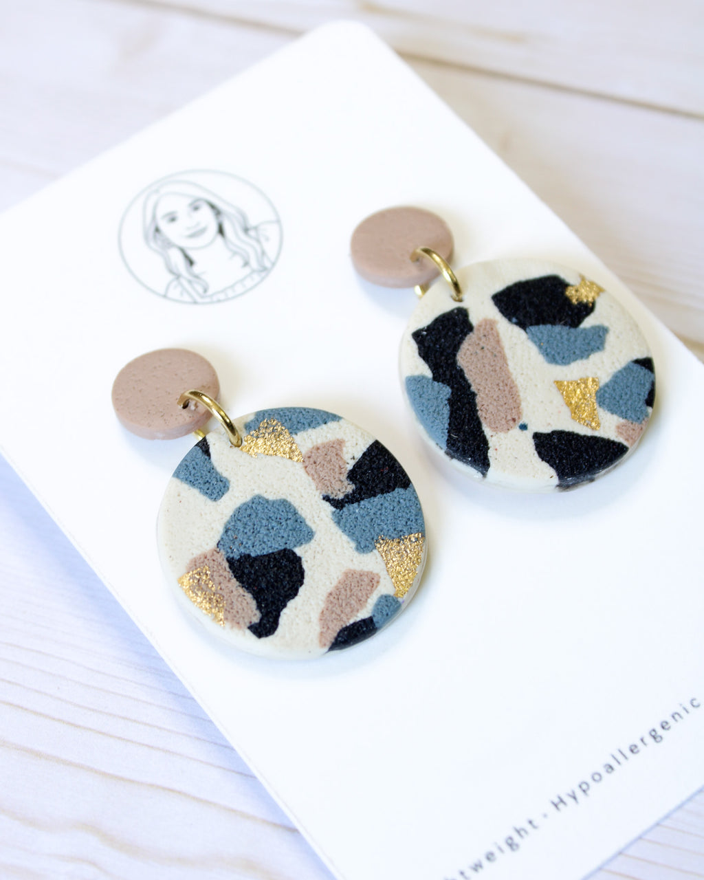 TL7 Terrazzo Marble Neutral Lightweight Hypoallergenic Earrings | Modern Blush, black & Ivory Gold Dangle Earrings | Gift for Her | Boutique