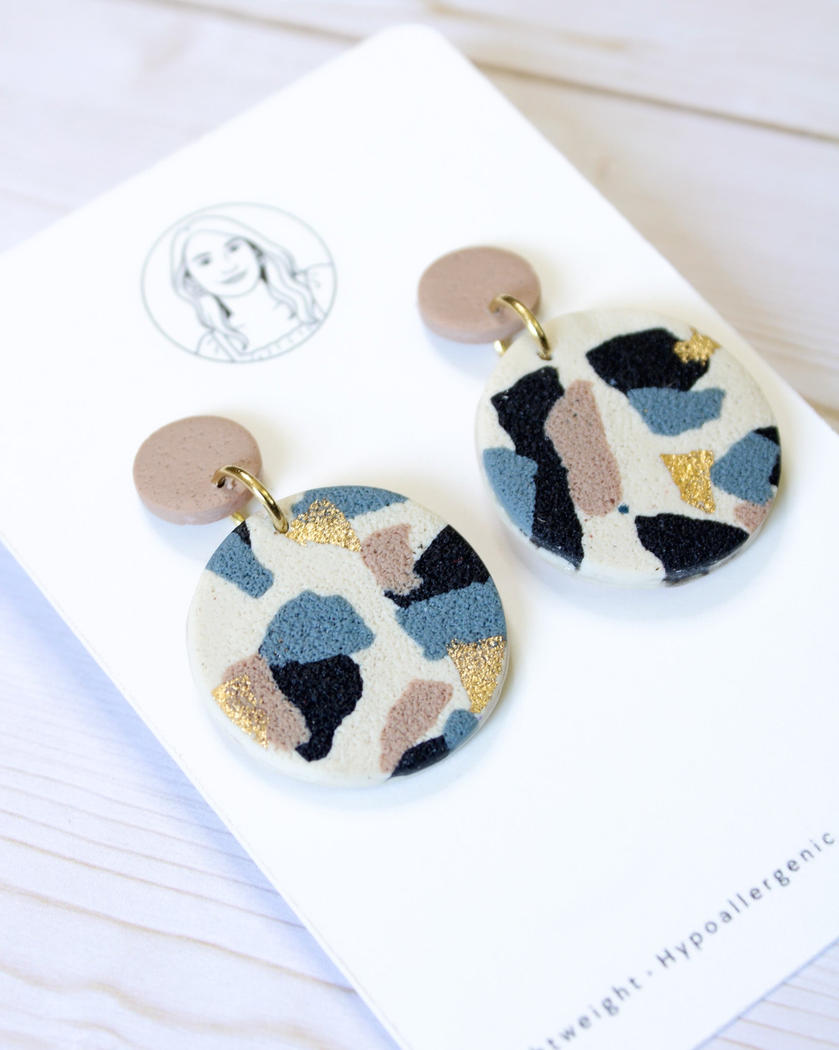 TL7 Terrazzo Marble Neutral Lightweight Hypoallergenic Earrings | Modern Blush, black & Ivory Gold Dangle Earrings | Gift for Her | Boutique