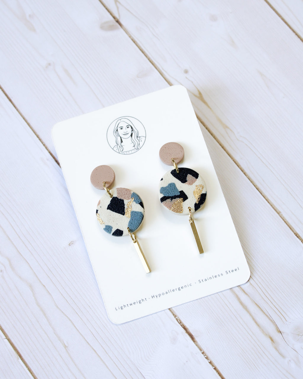 TL1 Terrazzo Neutral Lightweight Hypoallergenic Earrings | Modern Blush, black & Ivory Circle Dangle Earrings with Gold Bar | Gift for Her | Boutique
