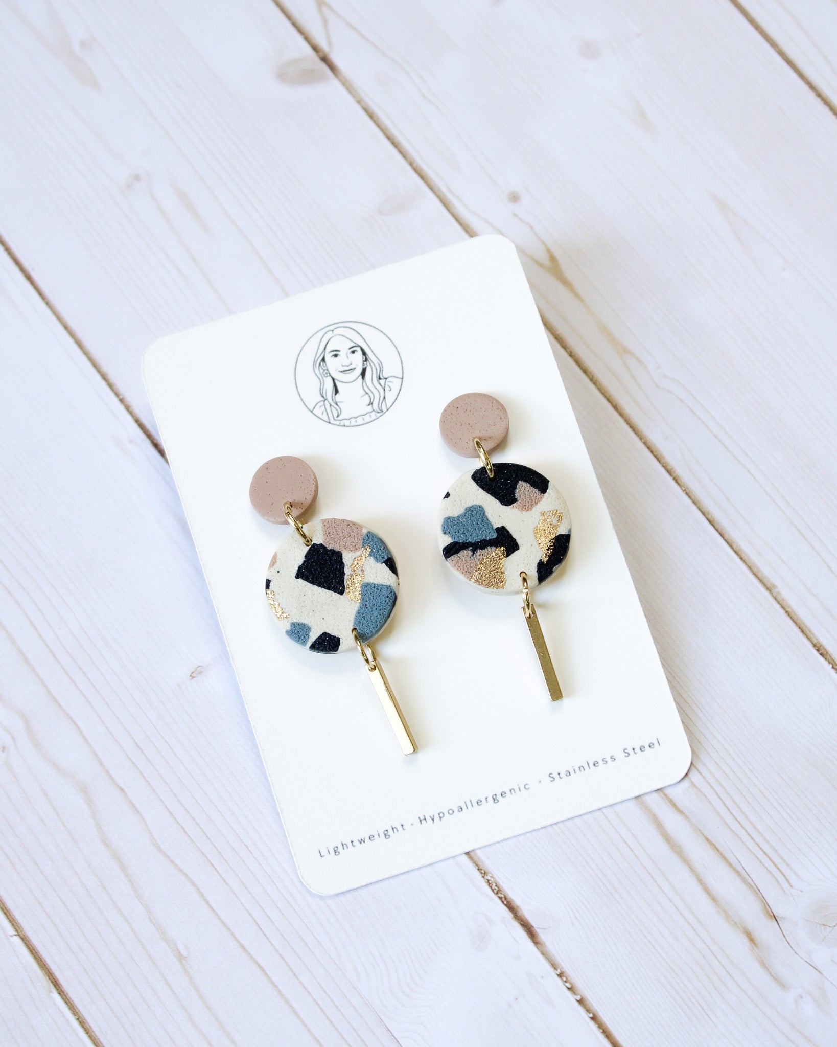 TL1 Terrazzo Neutral Lightweight Hypoallergenic Earrings | Modern Blush, black & Ivory Circle Dangle Earrings with Gold Bar | Gift for Her | Boutique