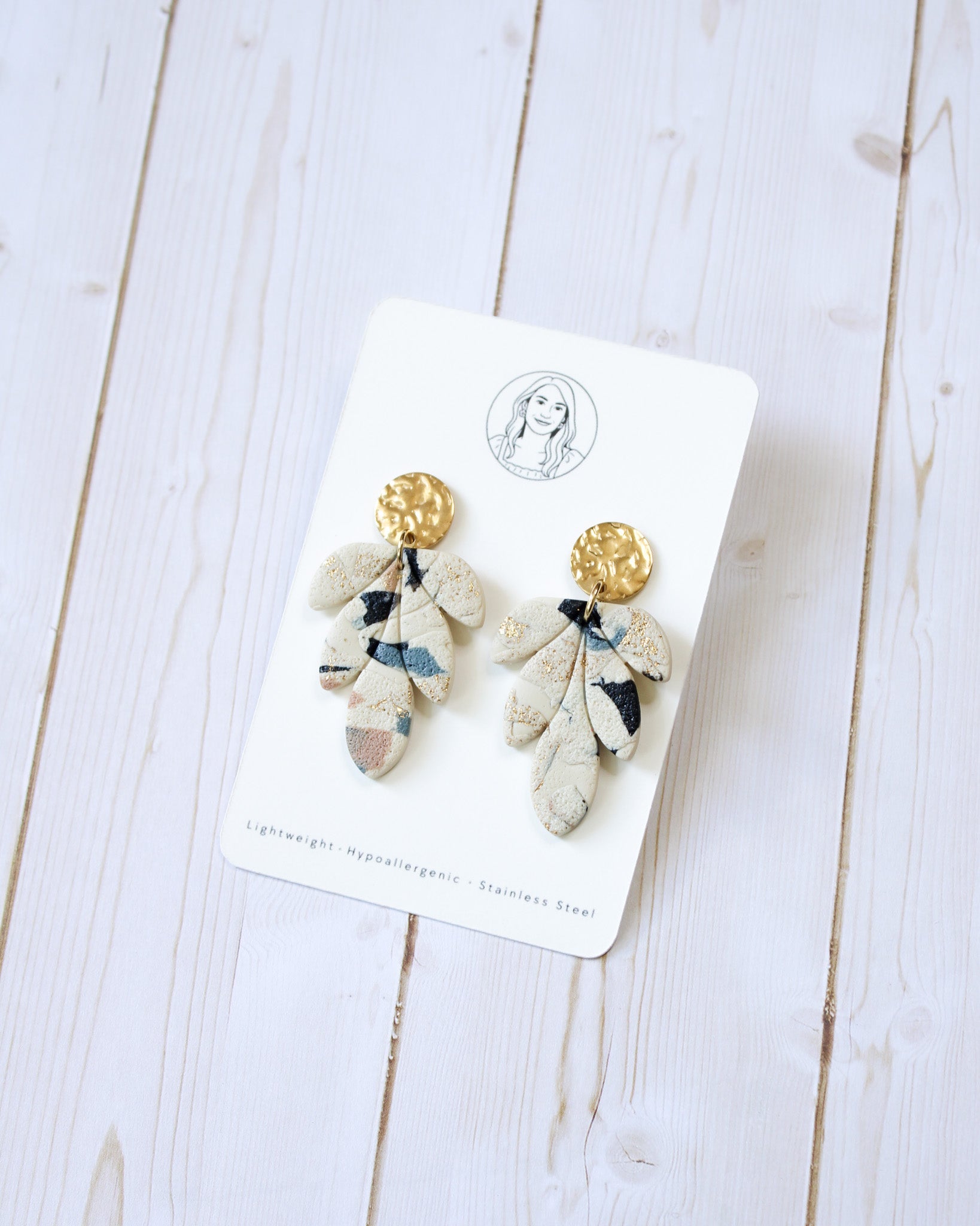 TL10 Terrazzo Marble Neutral Lightweight Hypoallergenic Earrings | Modern Blush, black & Ivory Gold Dangle Earrings | Gift for Her | Boutique