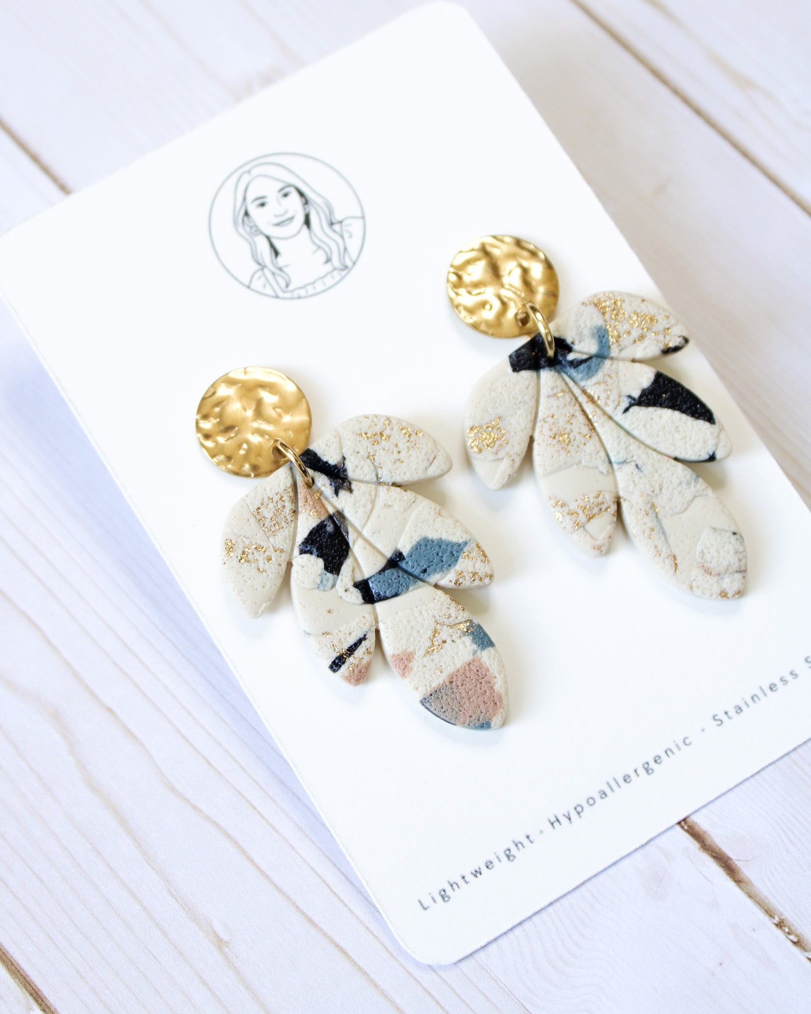 TL10 Terrazzo Marble Neutral Lightweight Hypoallergenic Earrings | Modern Blush, black & Ivory Gold Dangle Earrings | Gift for Her | Boutique