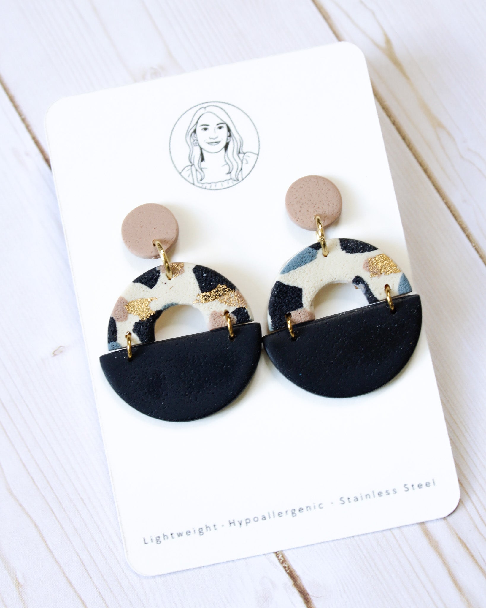 TL9 Terrazzo Marble Neutral Lightweight Hypoallergenic Earrings | Modern Blush, black & Ivory Gold Dangle Earrings | Gift for Her | Boutique