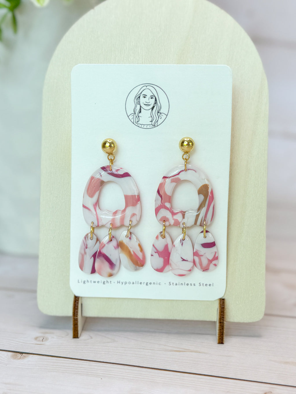 PLF11 Pink Coral Upcycled Polymer Clay Dangle Earrings – Lightweight Polymer Clay Statement Jewelry