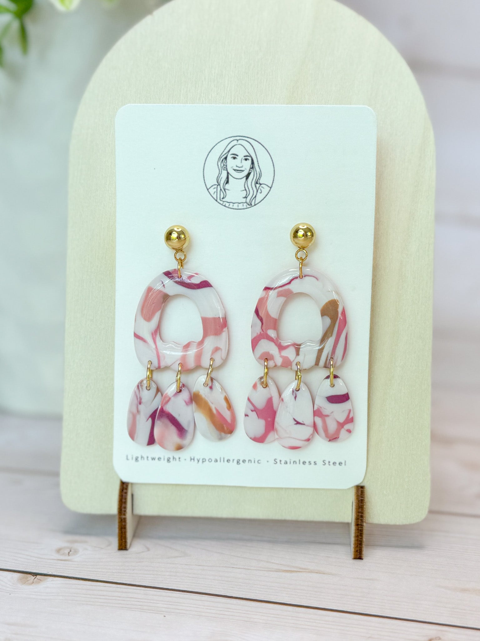 PLF11 Pink Coral Upcycled Polymer Clay Dangle Earrings – Lightweight Polymer Clay Statement Jewelry