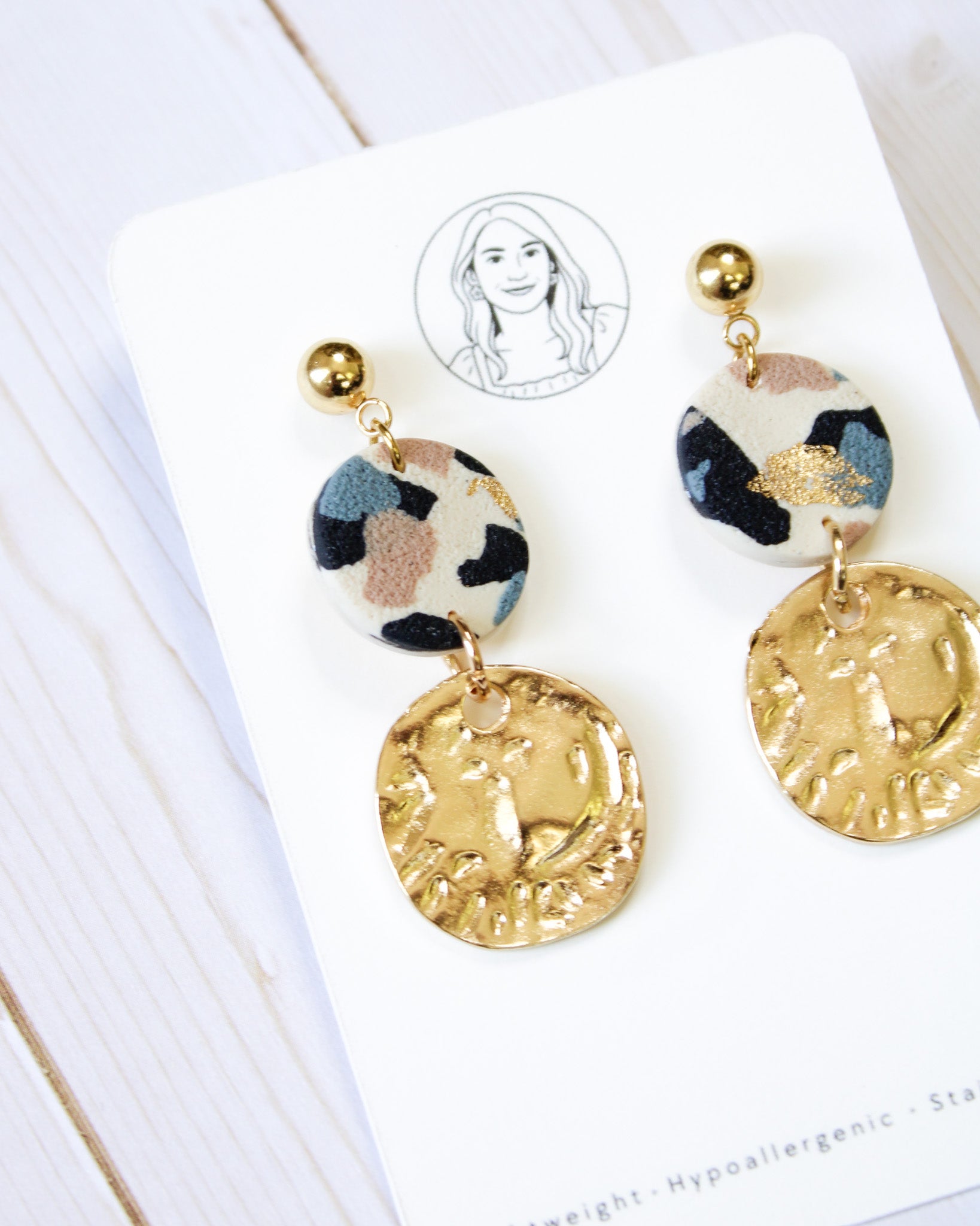TL4 Terrazzo Neutral Lightweight Hypoallergenic Earrings | Modern Blush, black &amp; Ivory Gold Dangle Earrings | Gift for Her | Boutique
