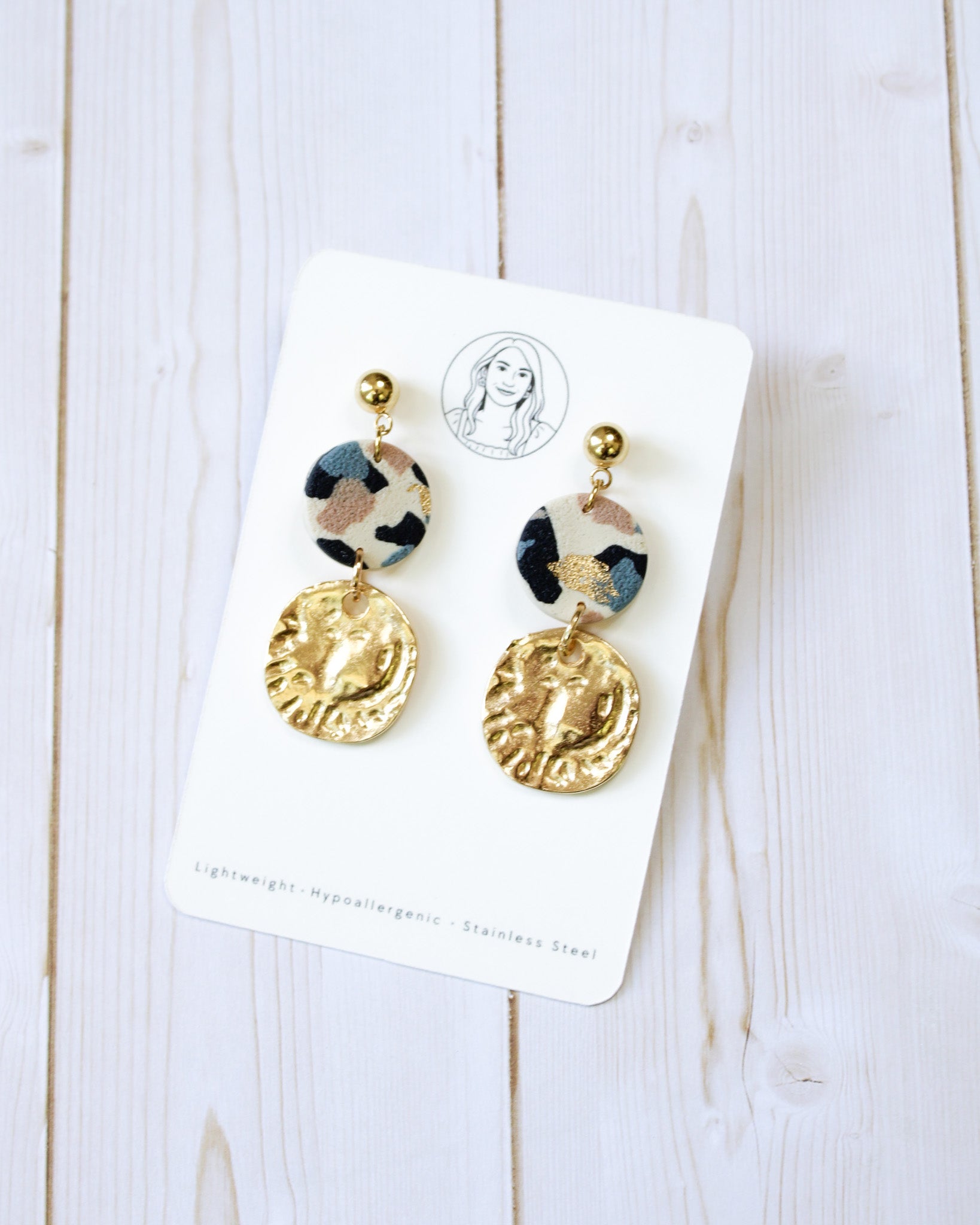TL4 Terrazzo Neutral Lightweight Hypoallergenic Earrings | Modern Blush, black &amp; Ivory Gold Dangle Earrings | Gift for Her | Boutique