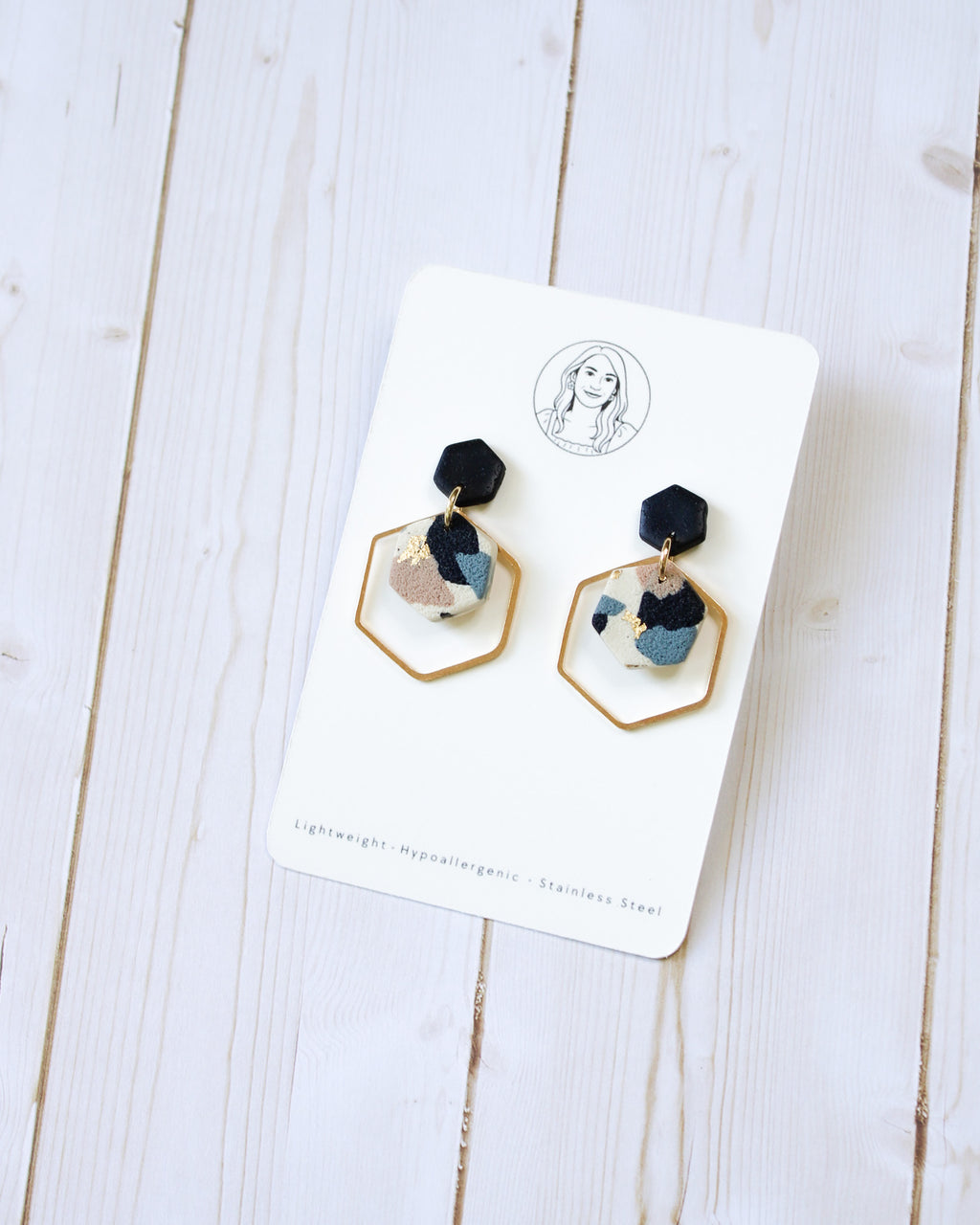 TL14 Terrazzo Marble Neutral Lightweight Hypoallergenic Earrings | Modern Blush, black & Ivory Hexagon Gold Dangle Earrings | Gift for Her | Boutique