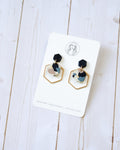 TL14 Terrazzo Marble Neutral Lightweight Hypoallergenic Earrings | Modern Blush, black & Ivory Hexagon Gold Dangle Earrings | Gift for Her | Boutique