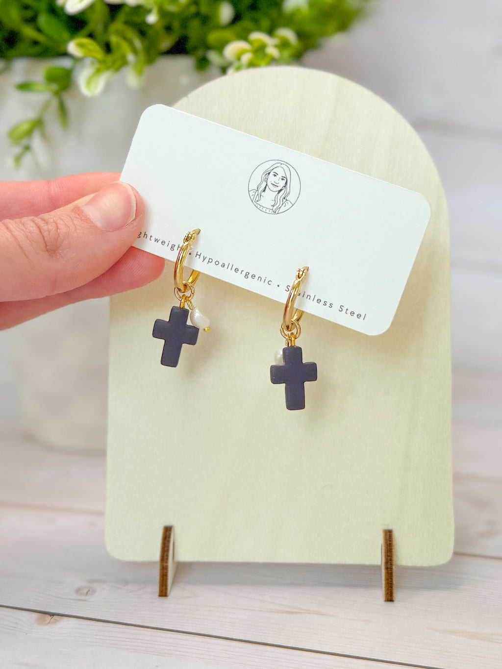 RG7 Faith Inspired Cross Earrings Pearls Gold Hoop | Christian Gift | Handmade Statement Jewelry