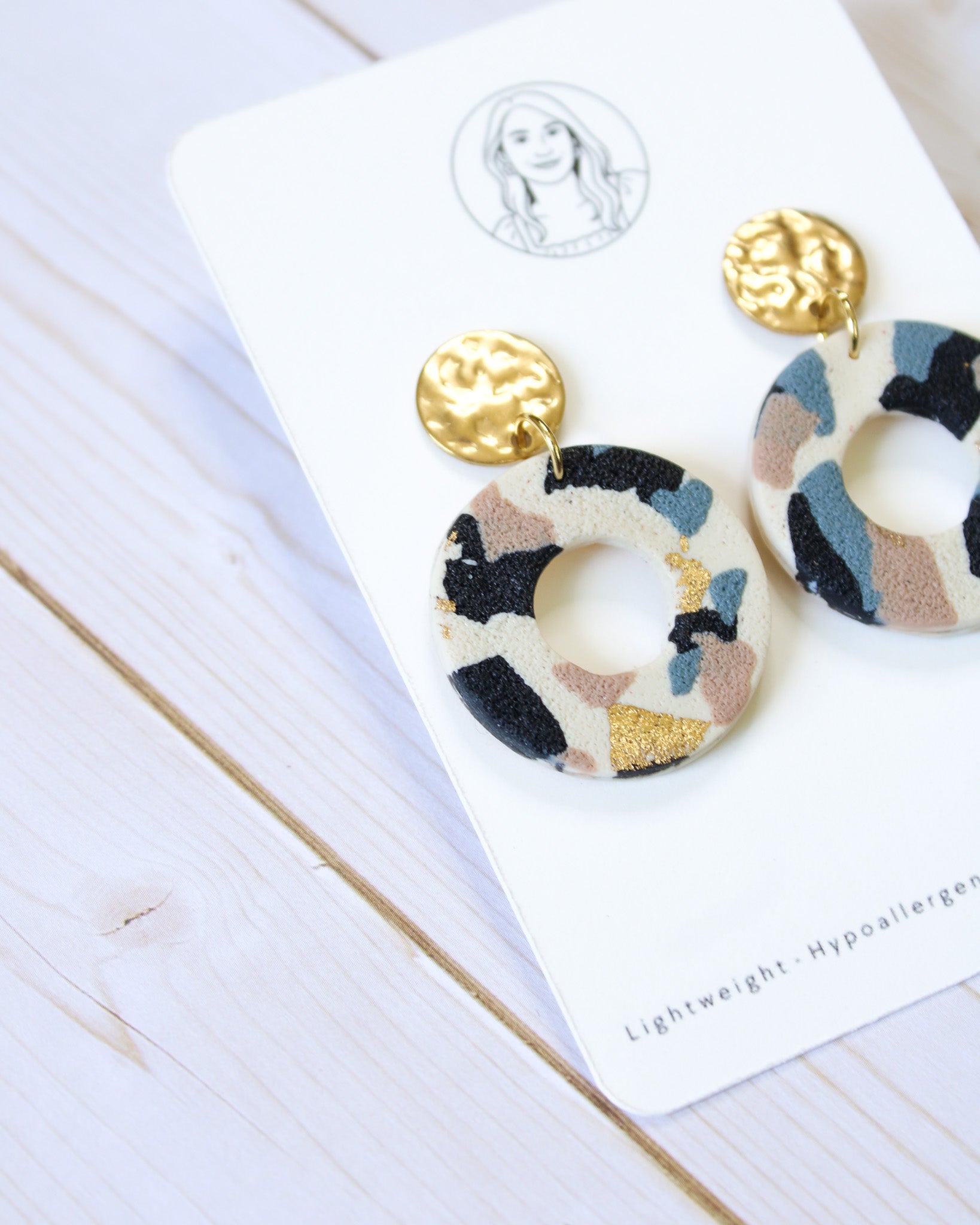 TL3 Terrazzo Neutral Lightweight Hypoallergenic Earrings | Modern Blush, black & Ivory Hoop Dangle Earrings | Gift for Her | Boutique