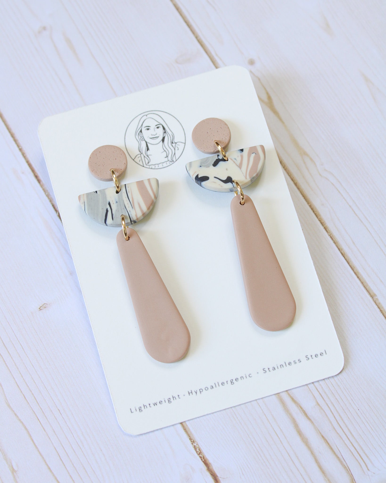 TL8 Terrazzo Marble Neutral Lightweight Hypoallergenic Earrings | Modern Blush, black & Ivory Gold Dangle Earrings | Gift for Her | Boutique