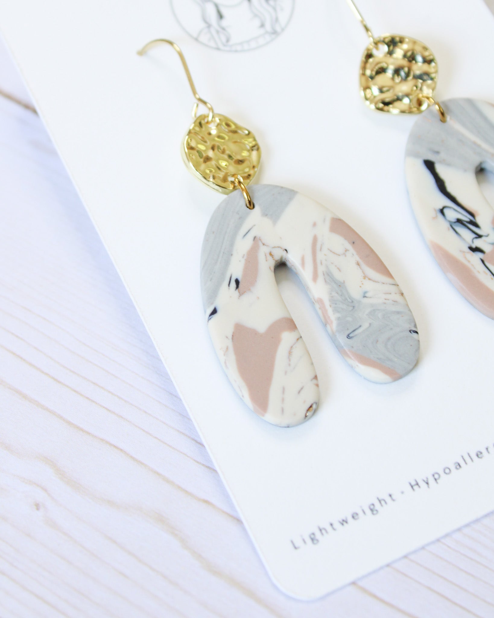 TL11 Terrazzo Marble Neutral Lightweight Hypoallergenic Earrings, Modern Blush, black & Ivory Gold Dangle Earrings | Gift for Her | Boutique