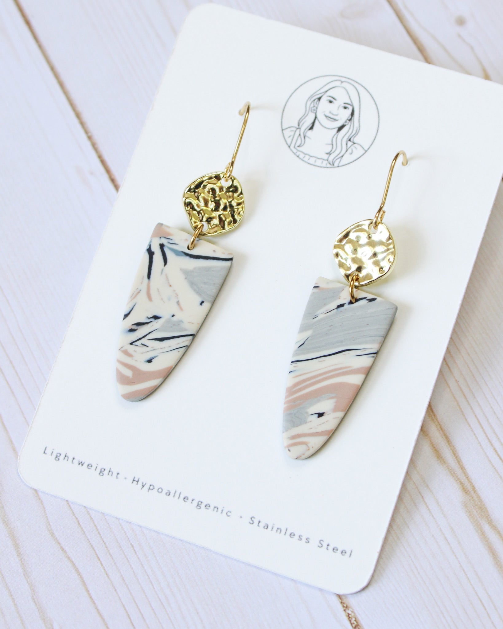 TL11 Terrazzo Marble Neutral Lightweight Hypoallergenic Earrings, Modern Blush, black & Ivory Gold Dangle Earrings | Gift for Her | Boutique