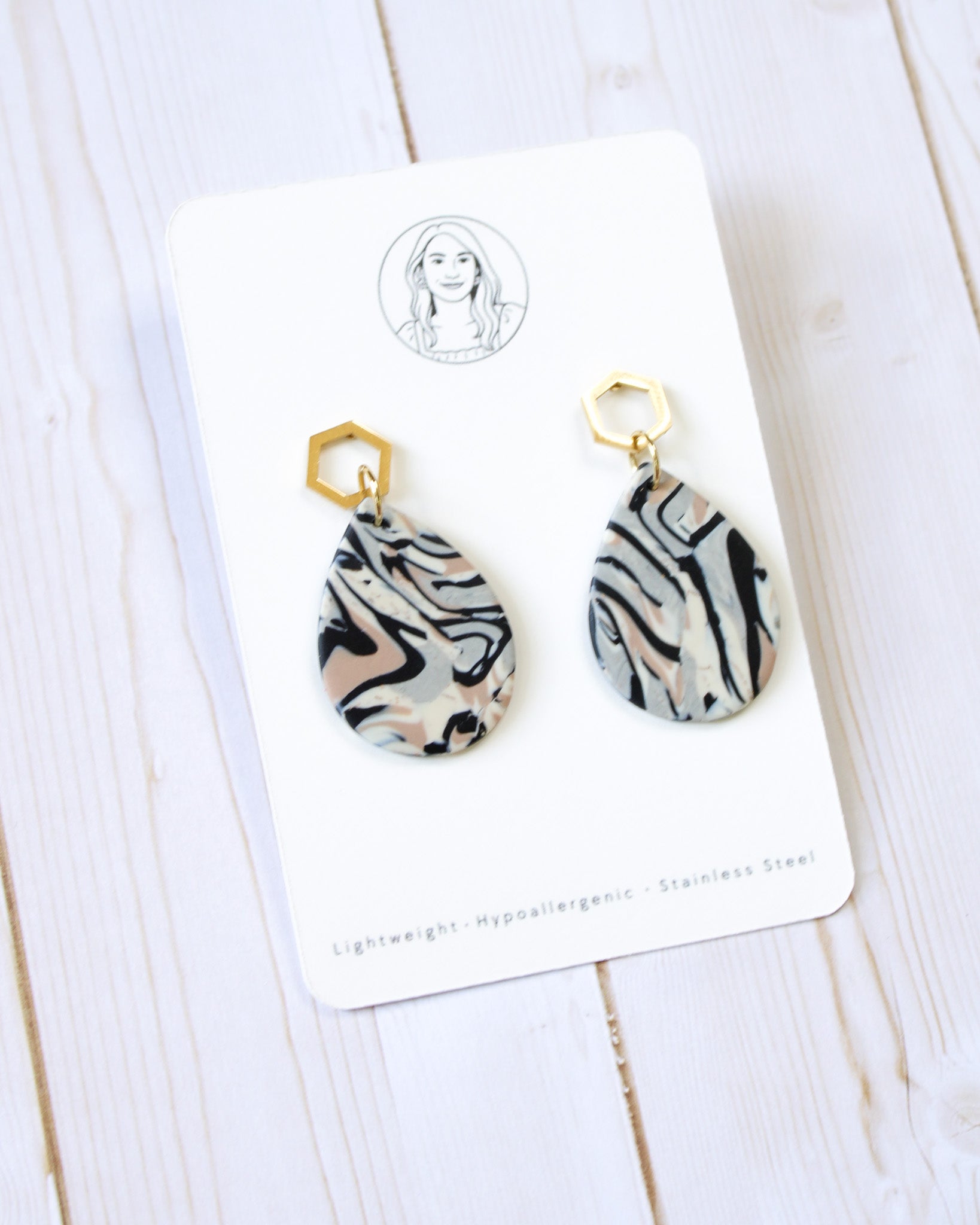 TL6 Terrazzo Marble Neutral Lightweight Hypoallergenic Earrings | Modern Blush, black & Ivory Gold Dangle Earrings | Gift for Her | Boutique