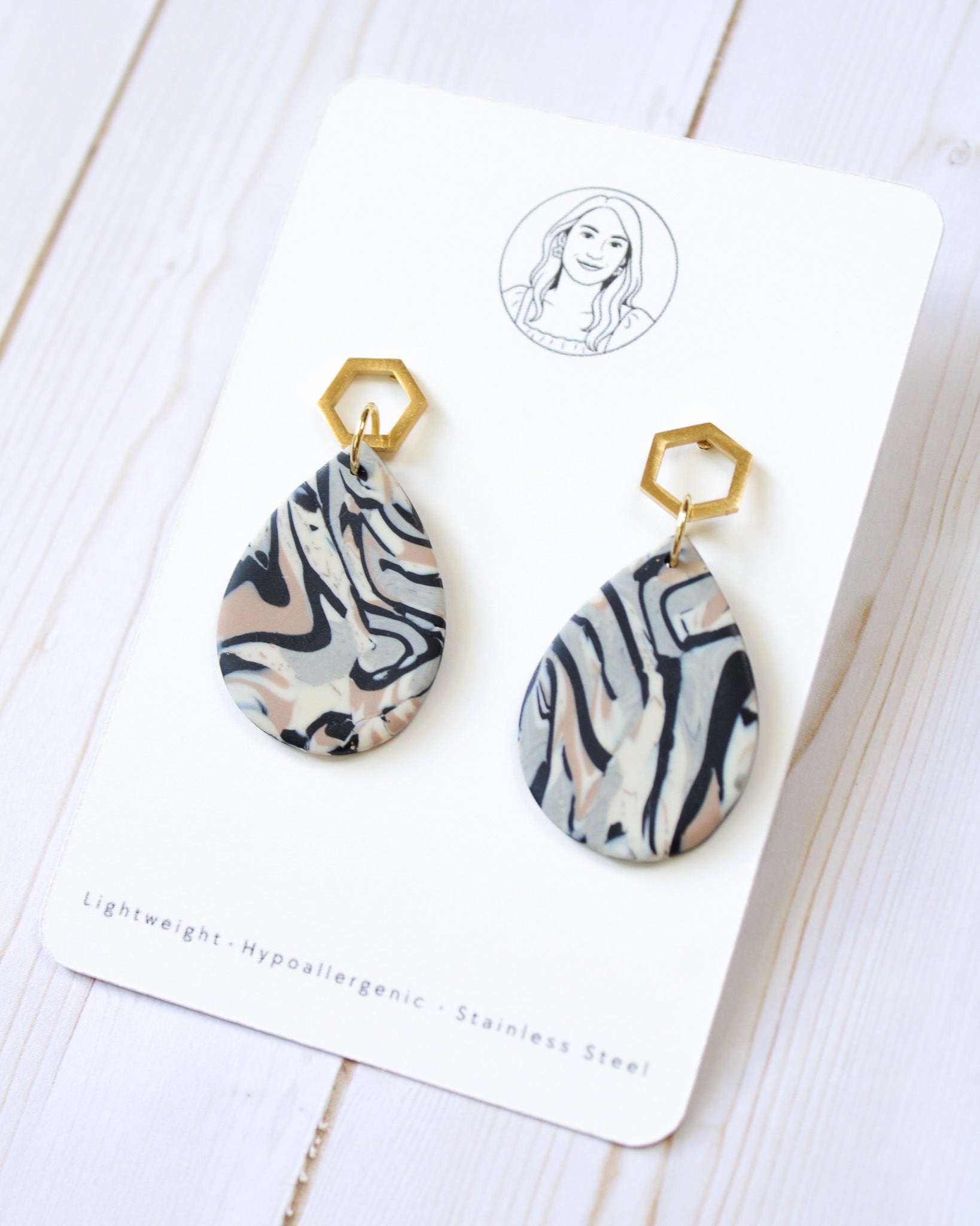 TL6 Terrazzo Marble Neutral Lightweight Hypoallergenic Earrings | Modern Blush, black & Ivory Gold Dangle Earrings | Gift for Her | Boutique
