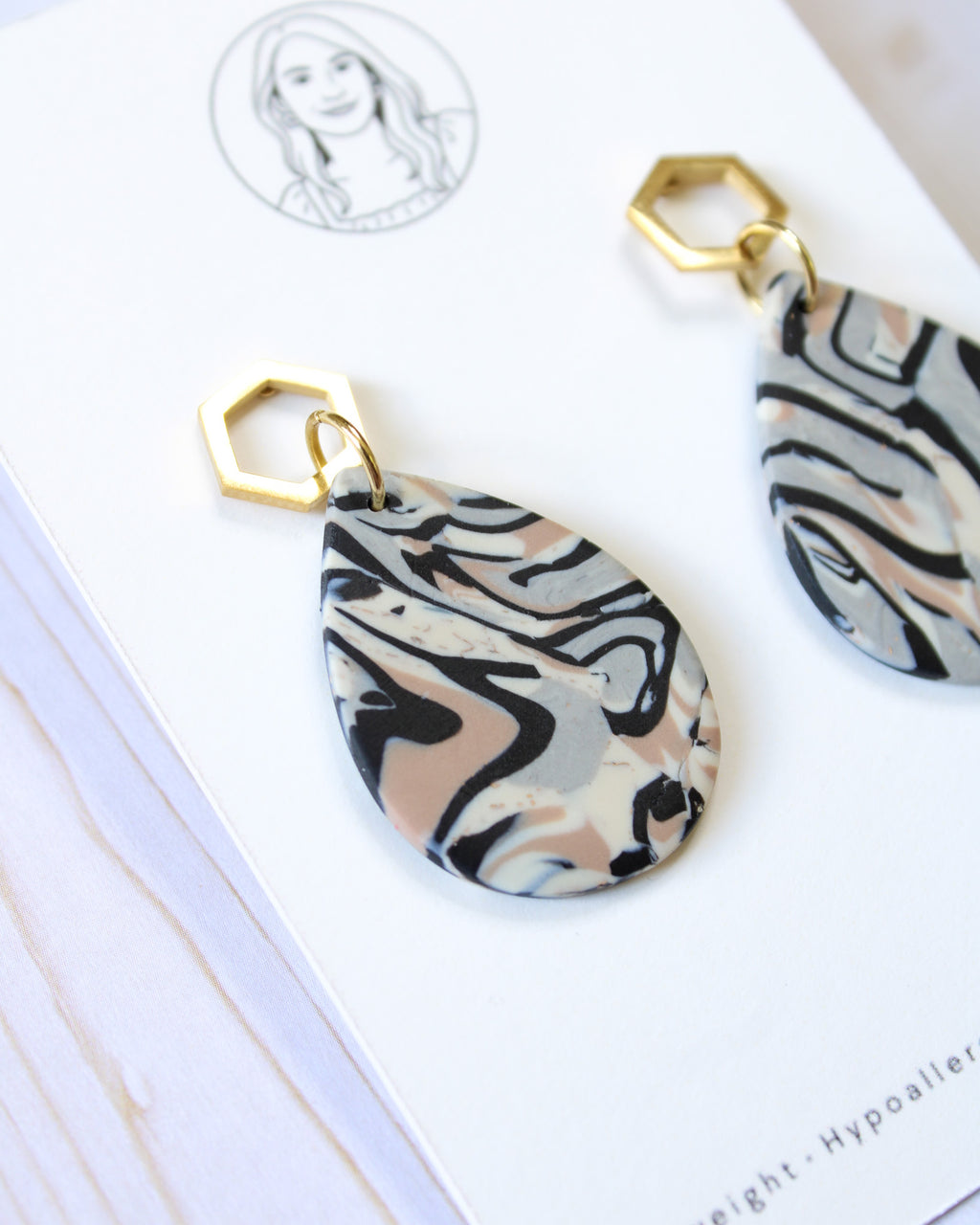 TL6 Terrazzo Marble Neutral Lightweight Hypoallergenic Earrings | Modern Blush, black & Ivory Gold Dangle Earrings | Gift for Her | Boutique