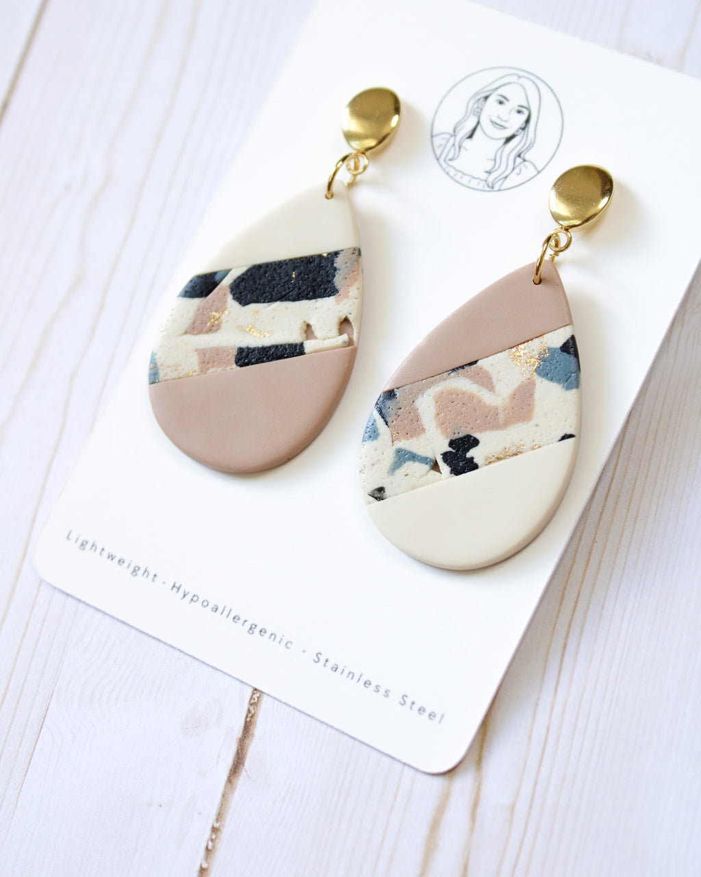 TL2 Terrazzo Neutral Lightweight Hypoallergenic Earrings | Modern Blush, black & Ivory Teardrop Dangle Earrings | Gift for Her | Boutique