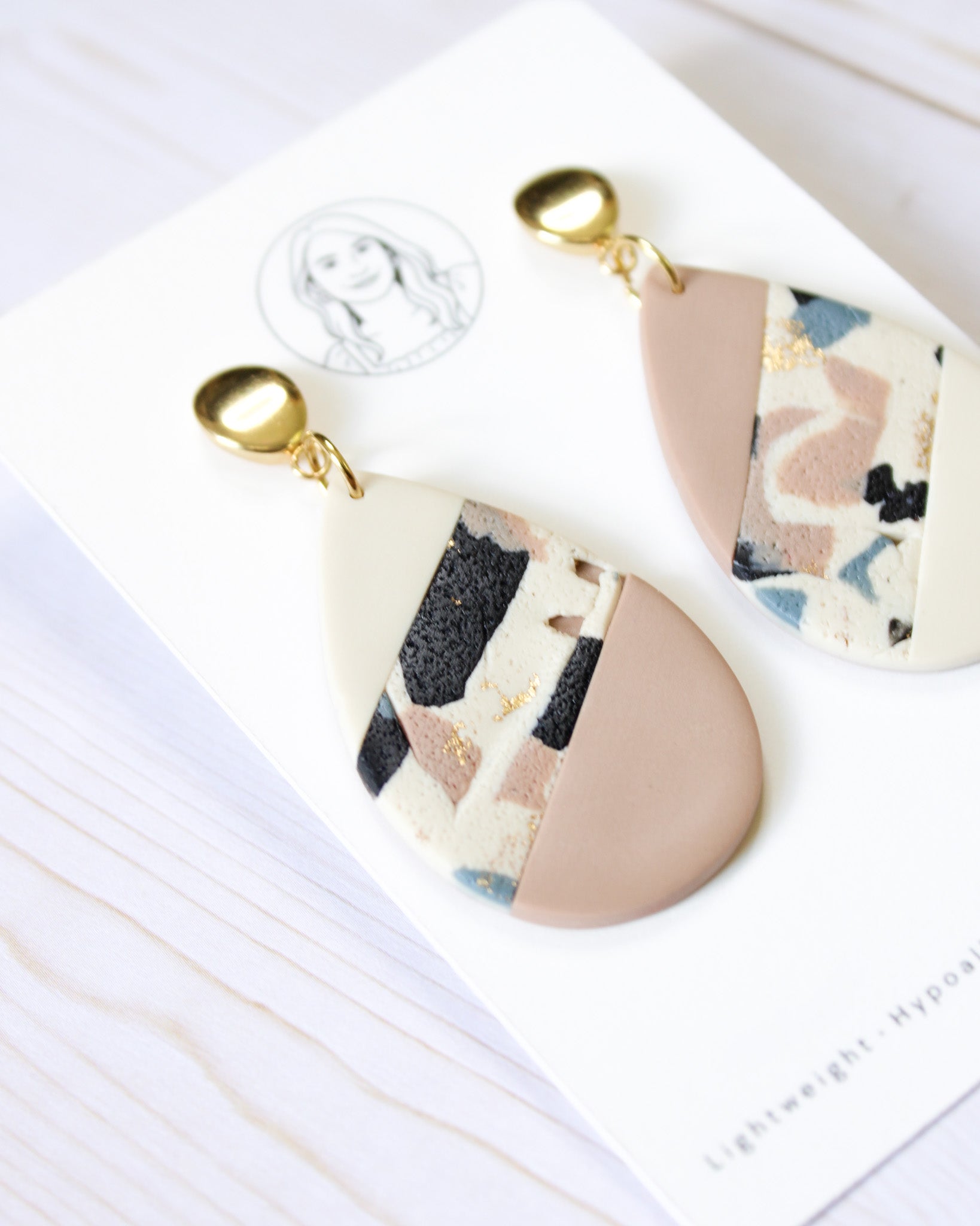 TL2 Terrazzo Neutral Lightweight Hypoallergenic Earrings | Modern Blush, black & Ivory Teardrop Dangle Earrings | Gift for Her | Boutique
