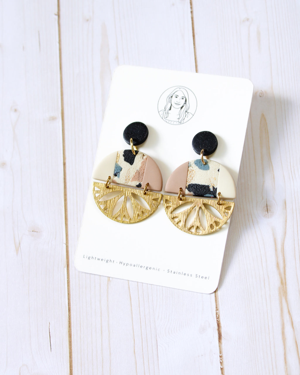 TL13 Terrazzo Marble Neutral Lightweight Hypoallergenic Earrings | Modern Blush, black & Ivory Gold Dangle Earrings | Gift for Her | Boutique