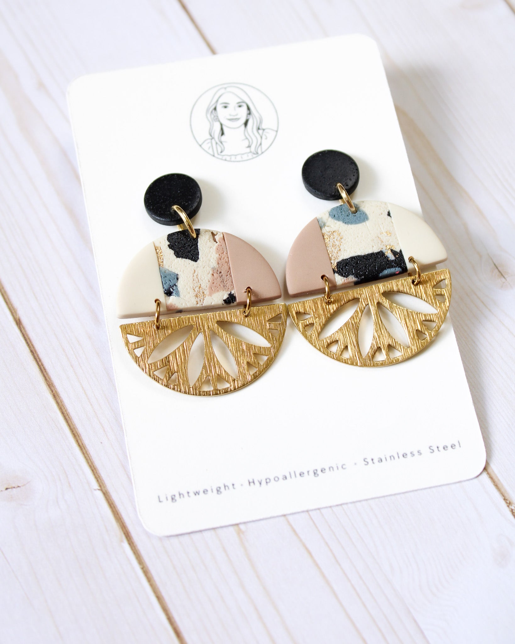 TL13 Terrazzo Marble Neutral Lightweight Hypoallergenic Earrings | Modern Blush, black & Ivory Gold Dangle Earrings | Gift for Her | Boutique