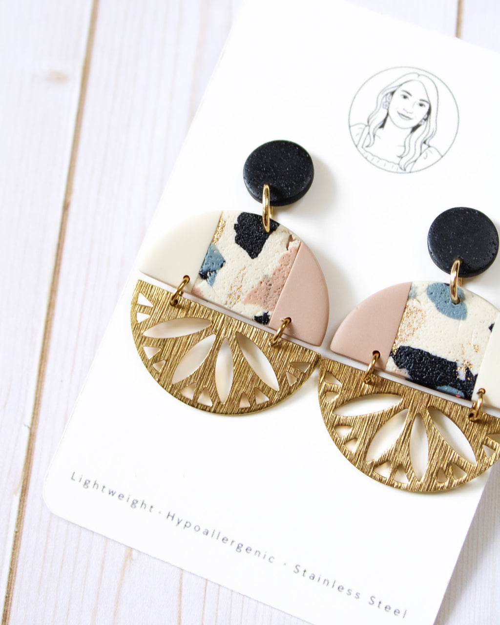 TL13 Terrazzo Marble Neutral Lightweight Hypoallergenic Earrings | Modern Blush, black & Ivory Gold Dangle Earrings | Gift for Her | Boutique