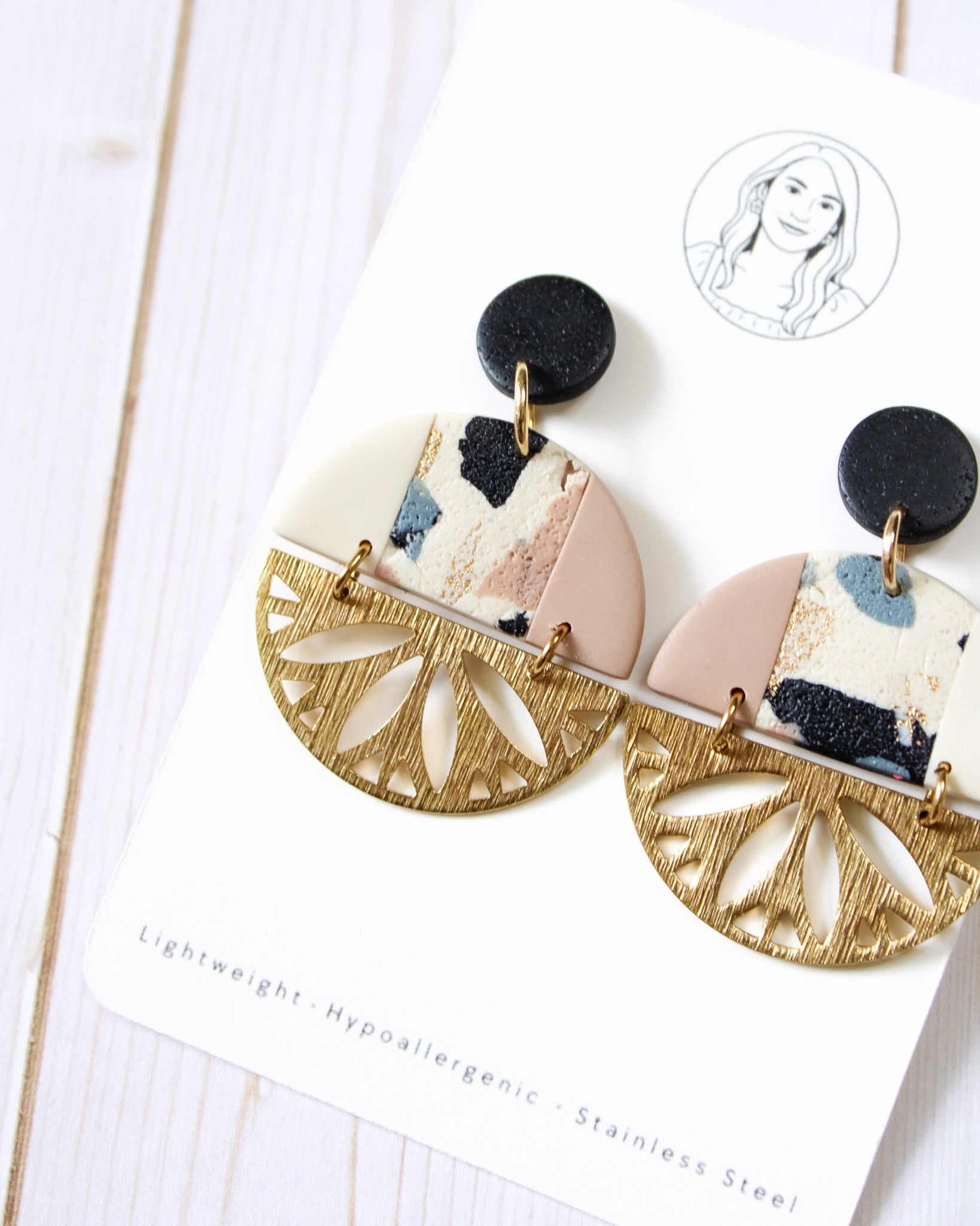 TL13 Terrazzo Marble Neutral Lightweight Hypoallergenic Earrings | Modern Blush, black & Ivory Gold Dangle Earrings | Gift for Her | Boutique