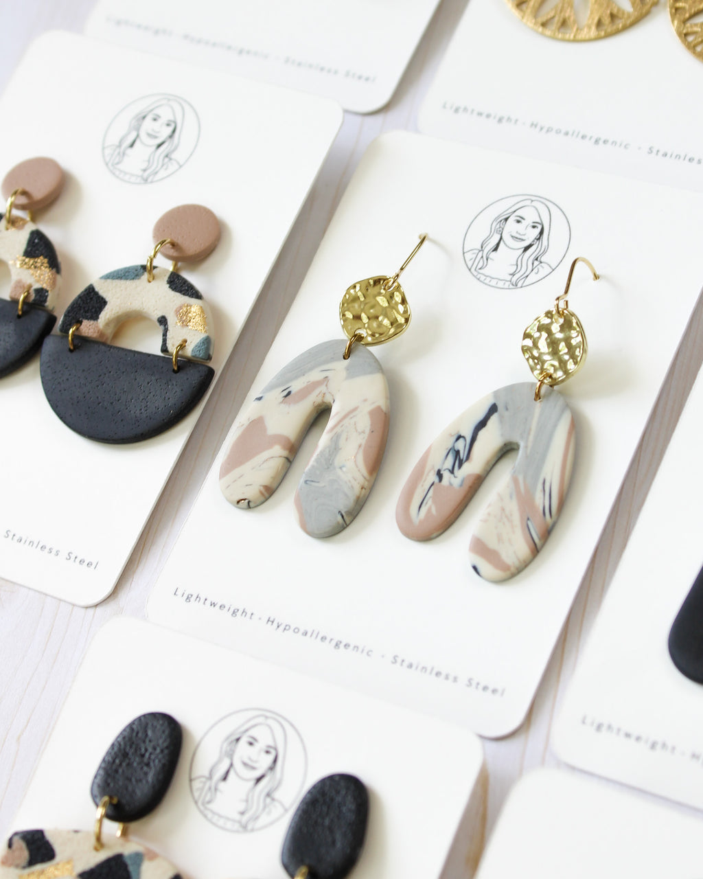TL11 Terrazzo Marble Neutral Lightweight Hypoallergenic Earrings, Modern Blush, black & Ivory Gold Dangle Earrings | Gift for Her | Boutique