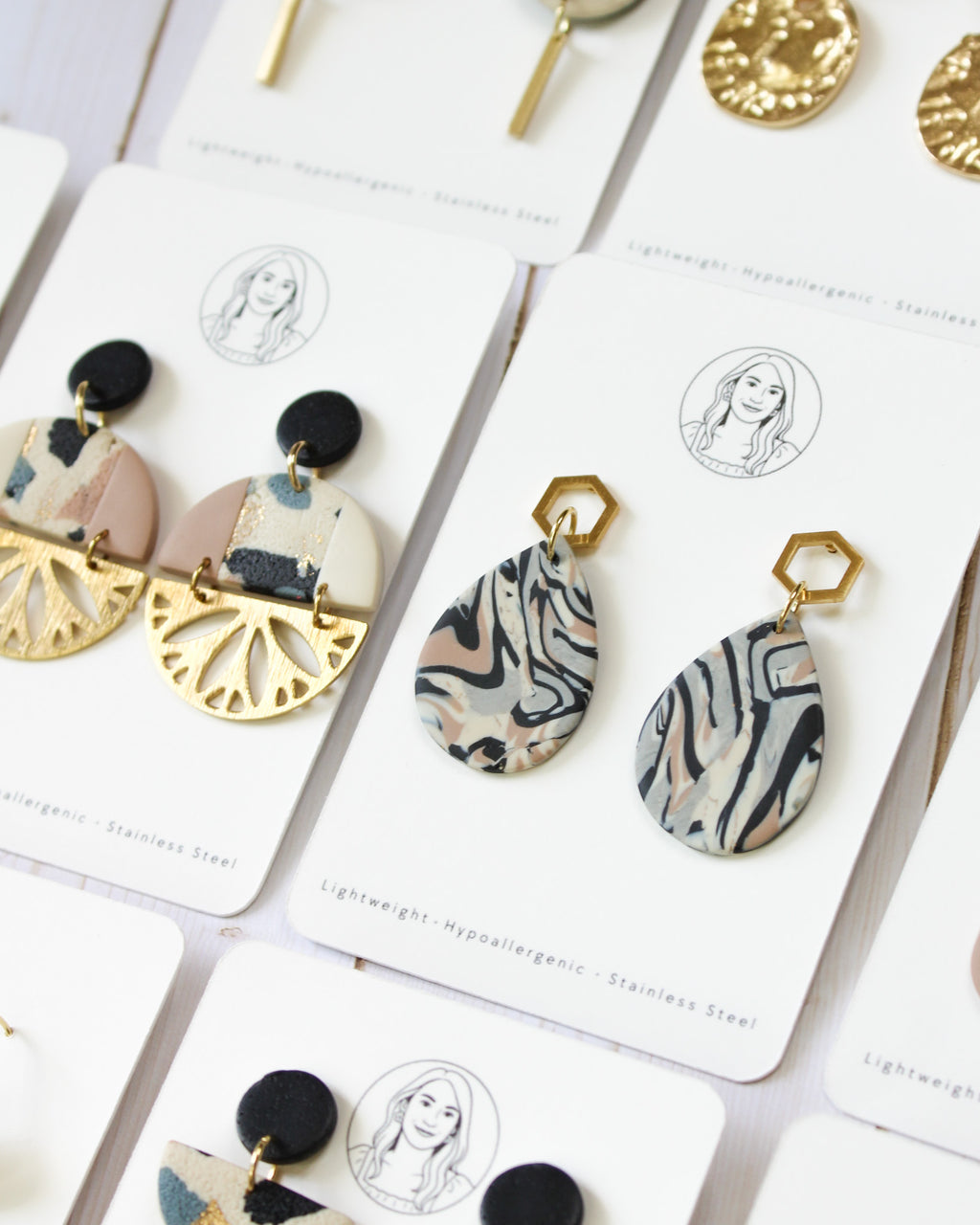 TL6 Terrazzo Marble Neutral Lightweight Hypoallergenic Earrings | Modern Blush, black & Ivory Gold Dangle Earrings | Gift for Her | Boutique