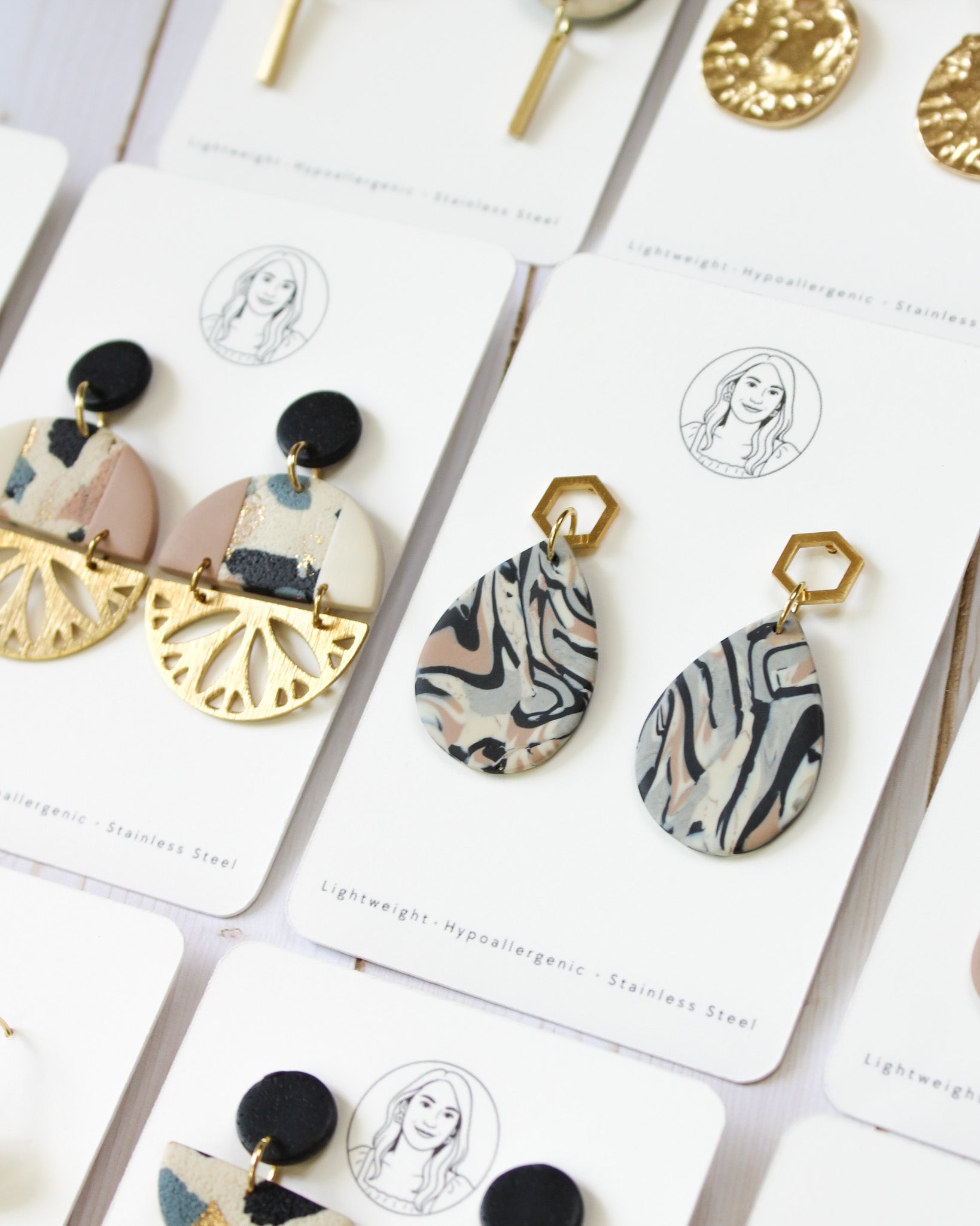 TL6 Terrazzo Marble Neutral Lightweight Hypoallergenic Earrings | Modern Blush, black & Ivory Gold Dangle Earrings | Gift for Her | Boutique
