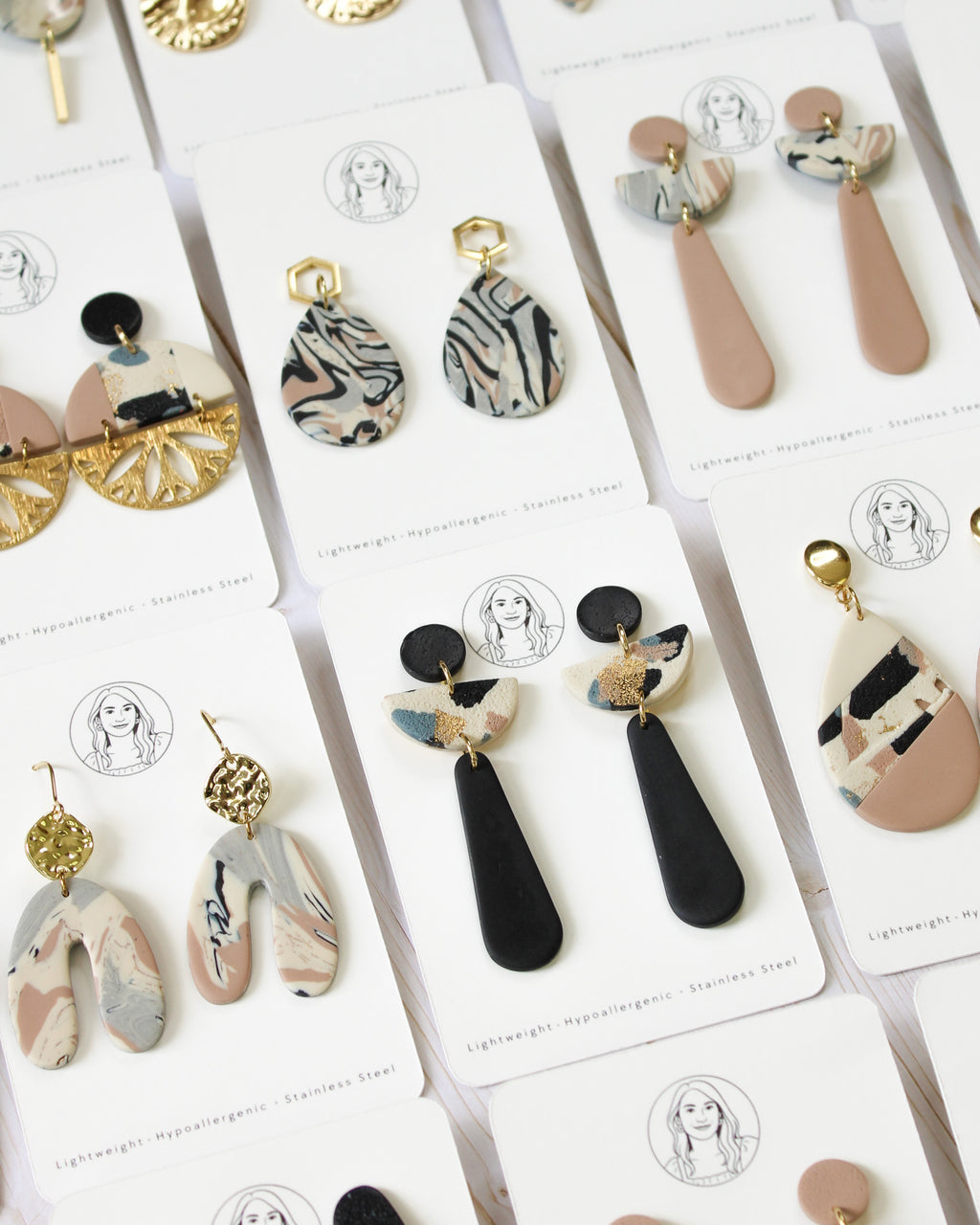 TL8 Terrazzo Marble Neutral Lightweight Hypoallergenic Earrings | Modern Blush, black & Ivory Gold Dangle Earrings | Gift for Her | Boutique
