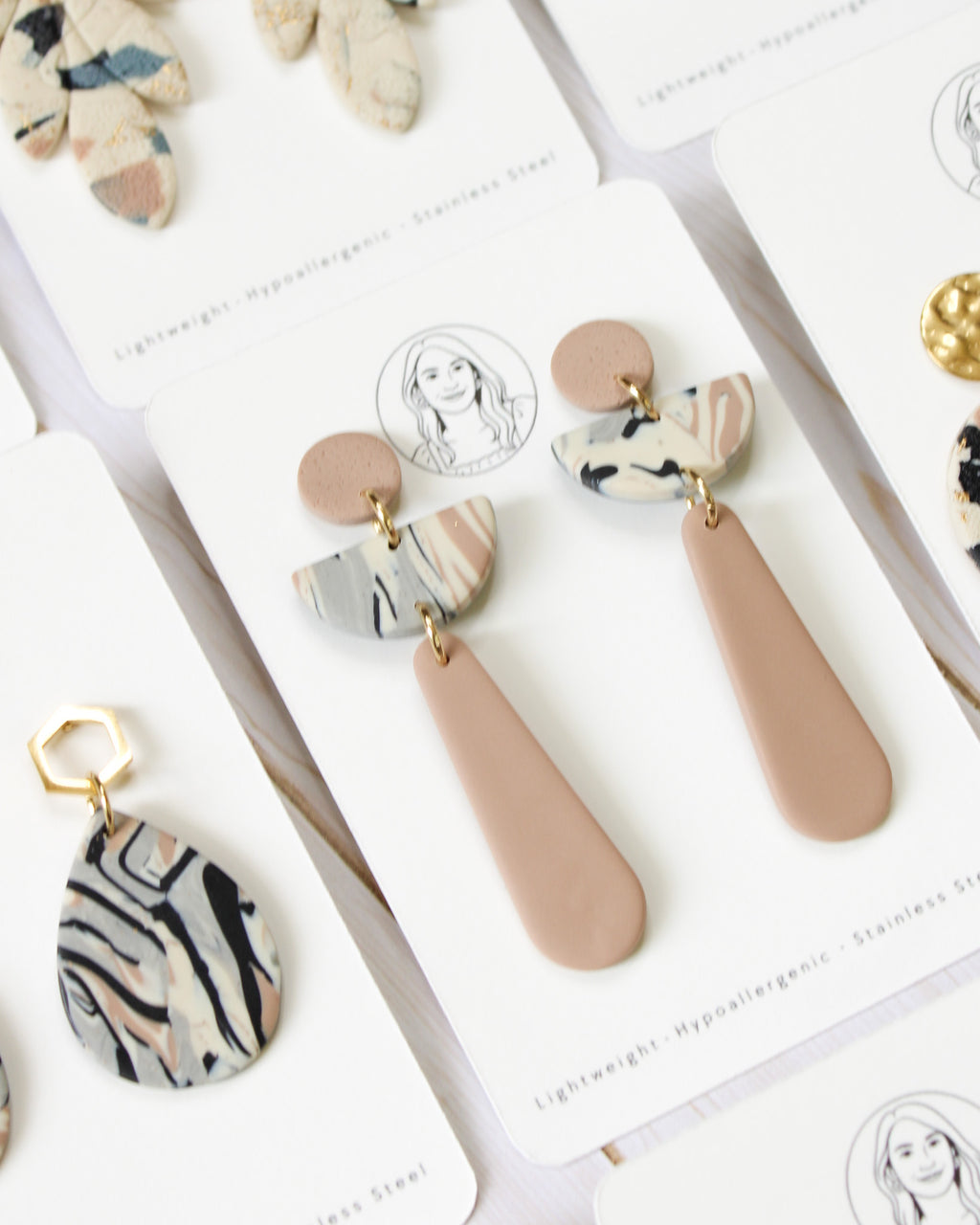 TL8 Terrazzo Marble Neutral Lightweight Hypoallergenic Earrings | Modern Blush, black & Ivory Gold Dangle Earrings | Gift for Her | Boutique