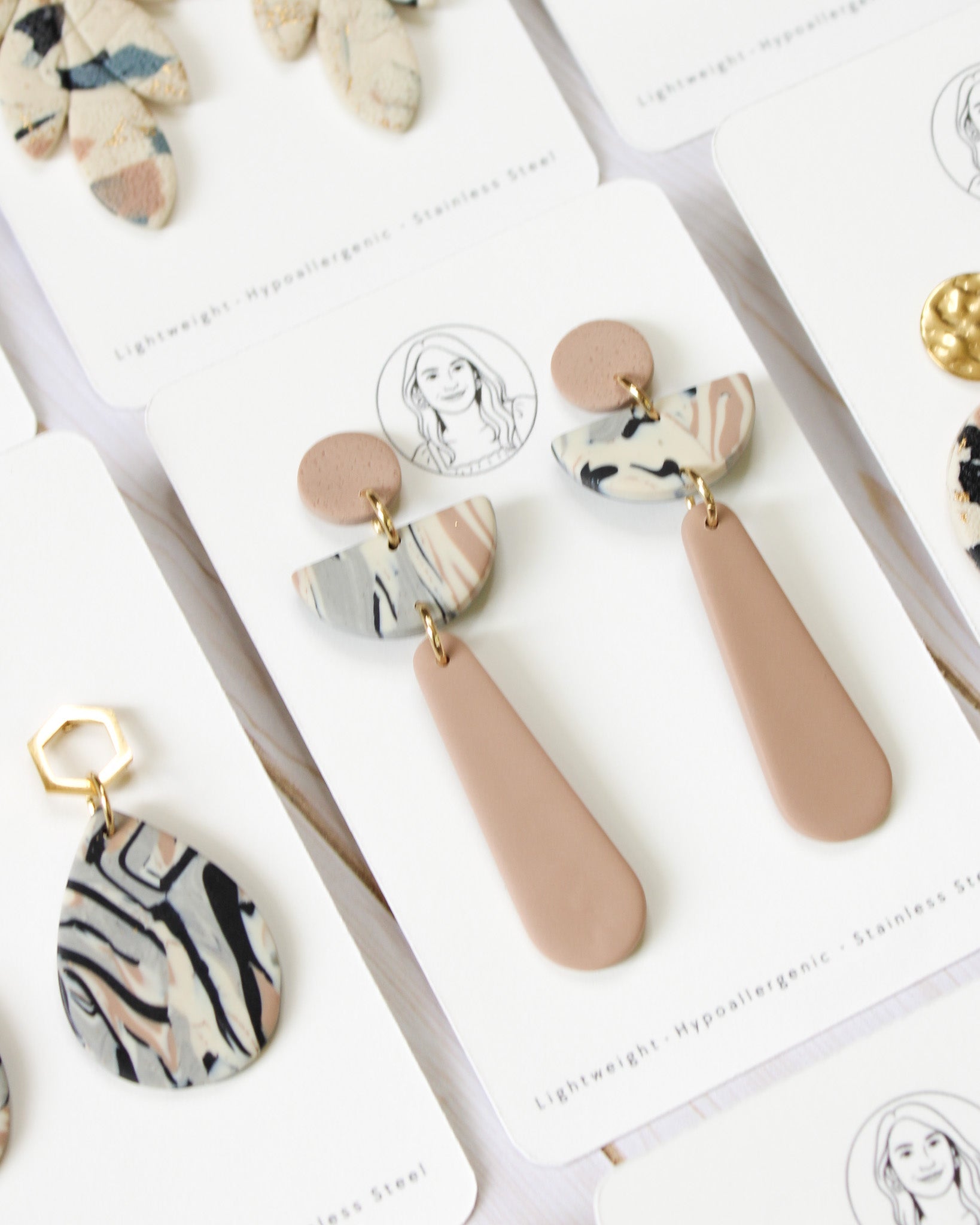 TL8 Terrazzo Marble Neutral Lightweight Hypoallergenic Earrings | Modern Blush, black & Ivory Gold Dangle Earrings | Gift for Her | Boutique