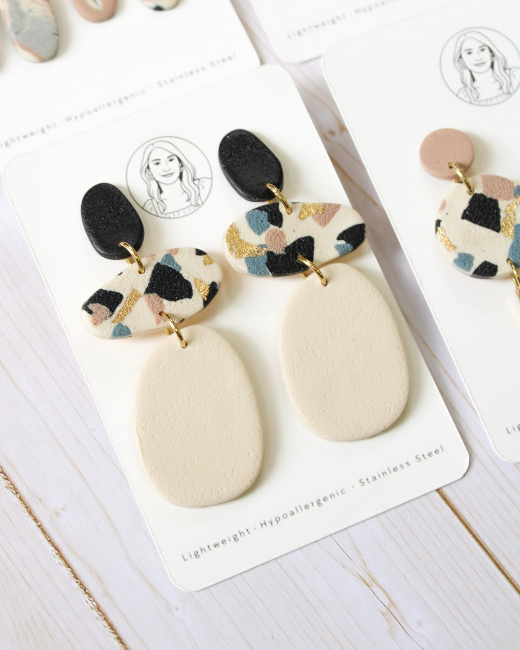 TL5 Terrazzo Neutral Lightweight Hypoallergenic Earrings | Modern Blush, black &amp; Ivory Gold Dangle Earrings | Gift for Her | Boutique